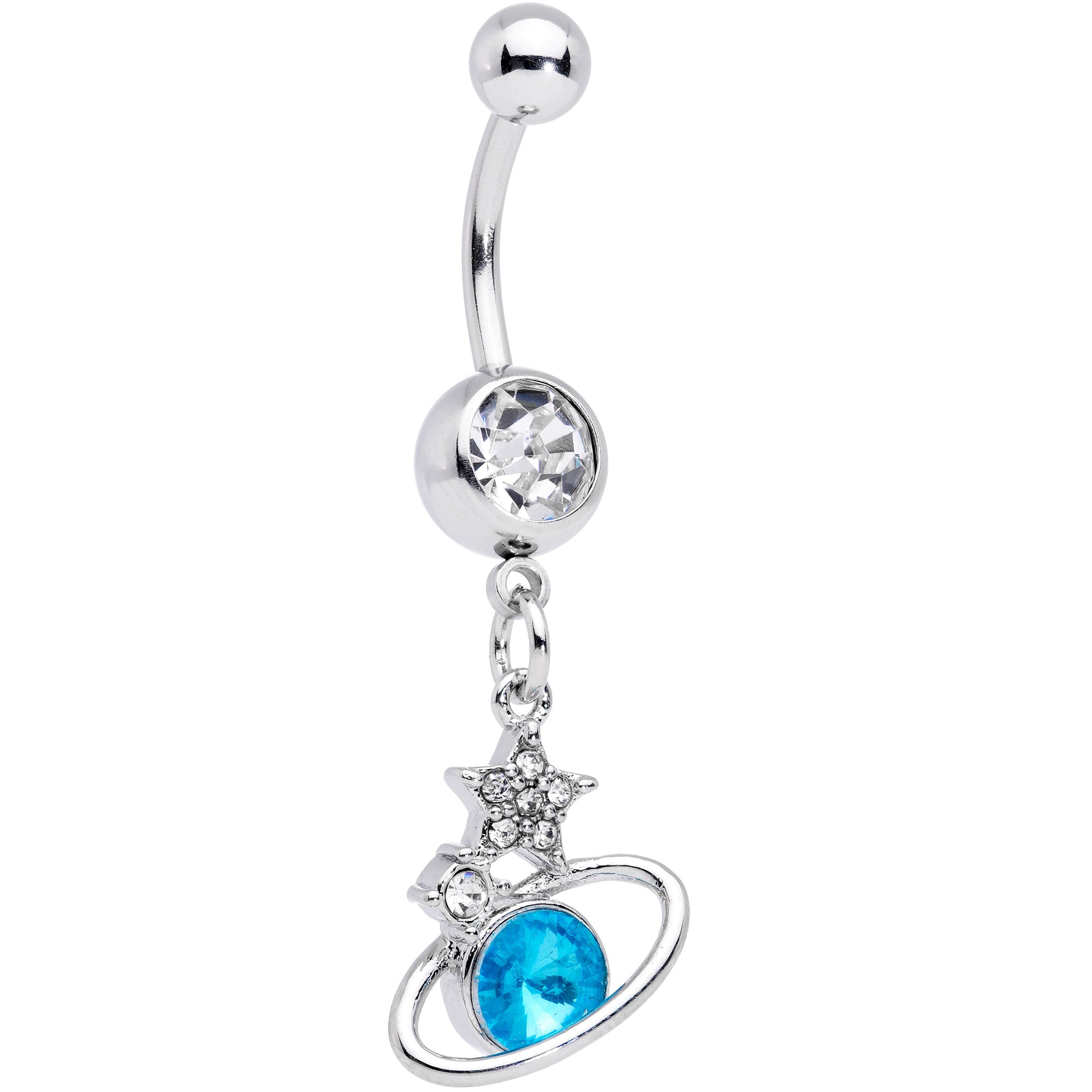 Clear Aqua Gem Saturn Stars Dangle Belly Ring