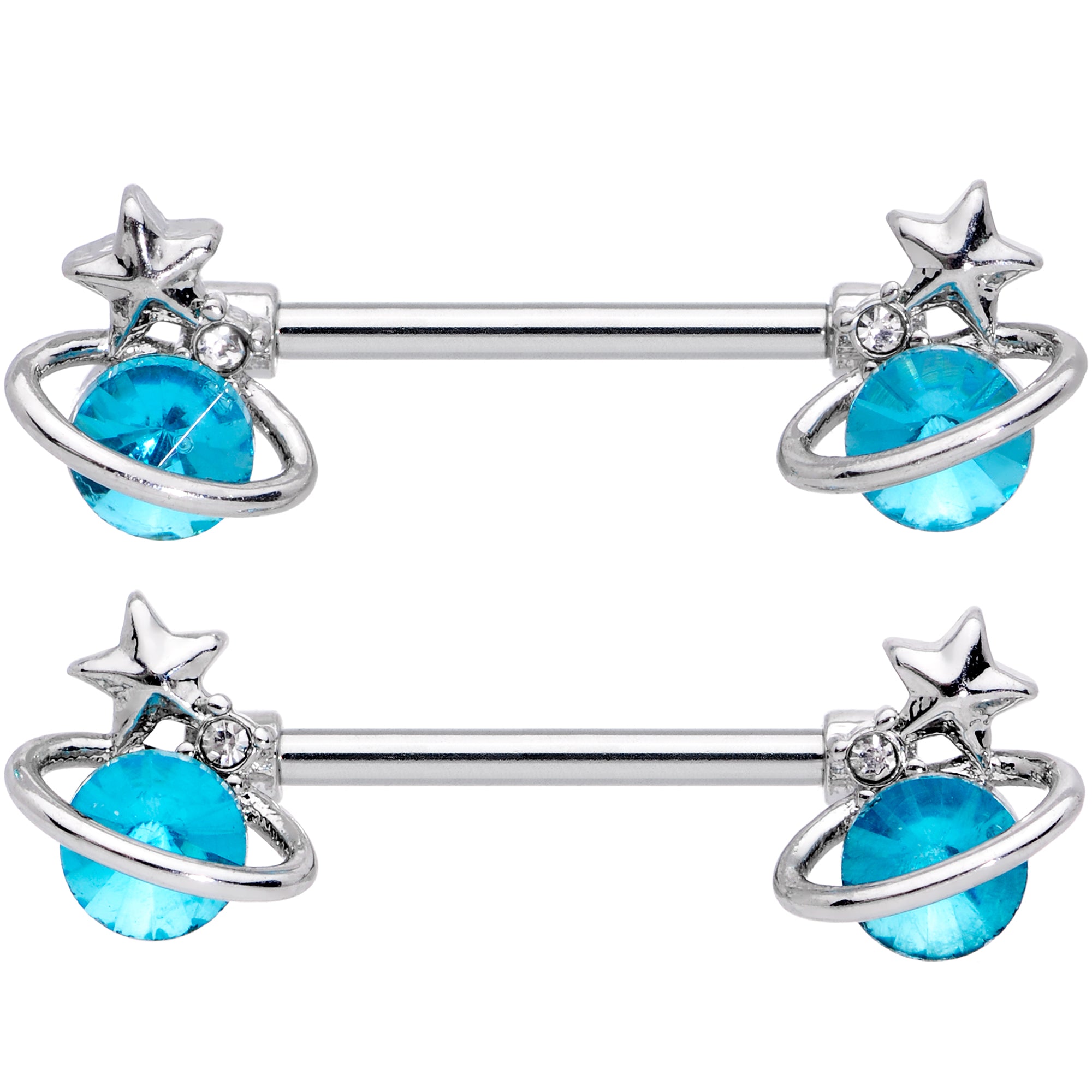 14 Gauge 9/16 Aqua Gem Star Saturn Barbell Nipple Ring Set