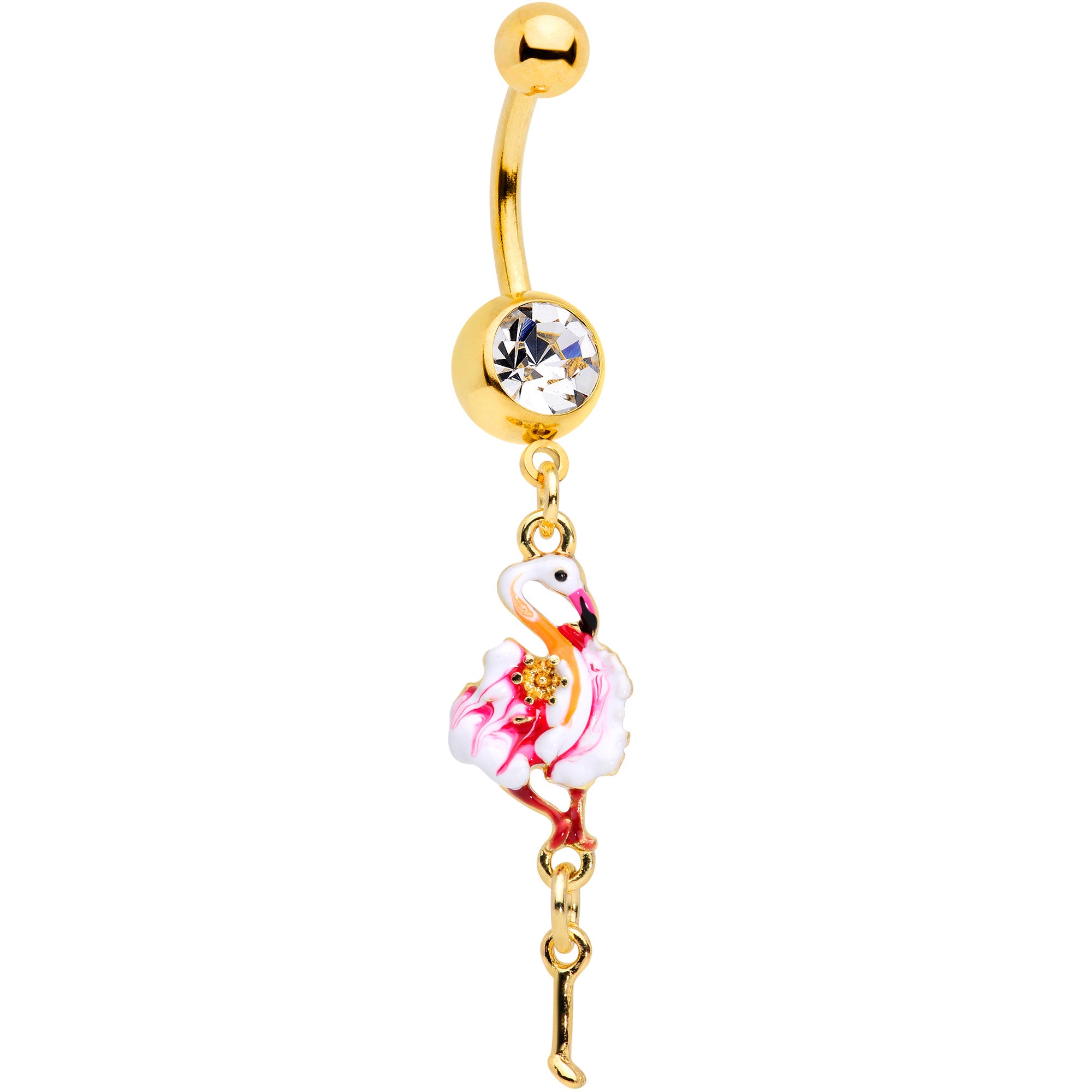 Clear Gem Gold Tone Dangle Flamingo Legs Dangle Belly Ring