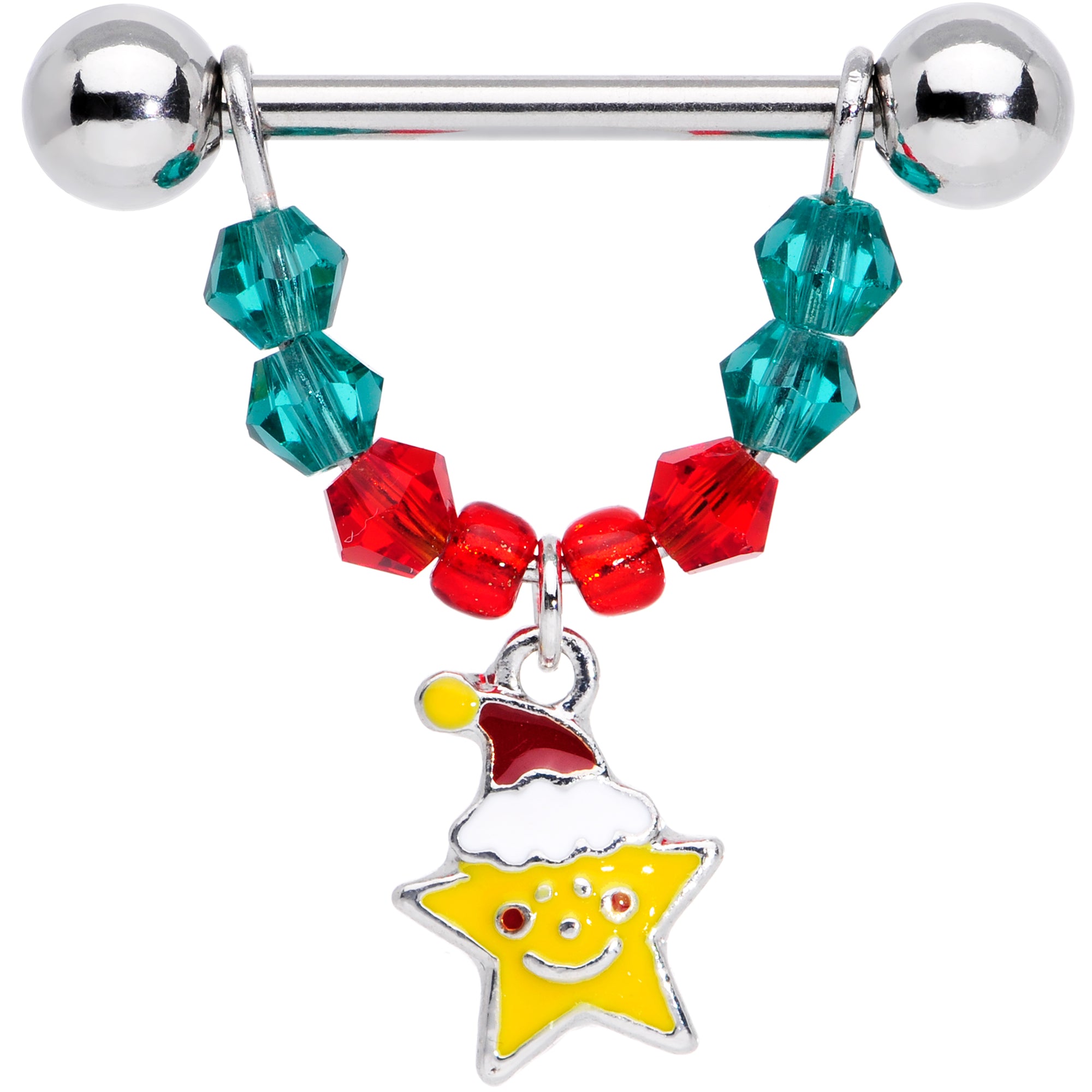 14 Gauge 9/16 Red Green Gem Star Moon Christmas Dangle Nipple Ring Set