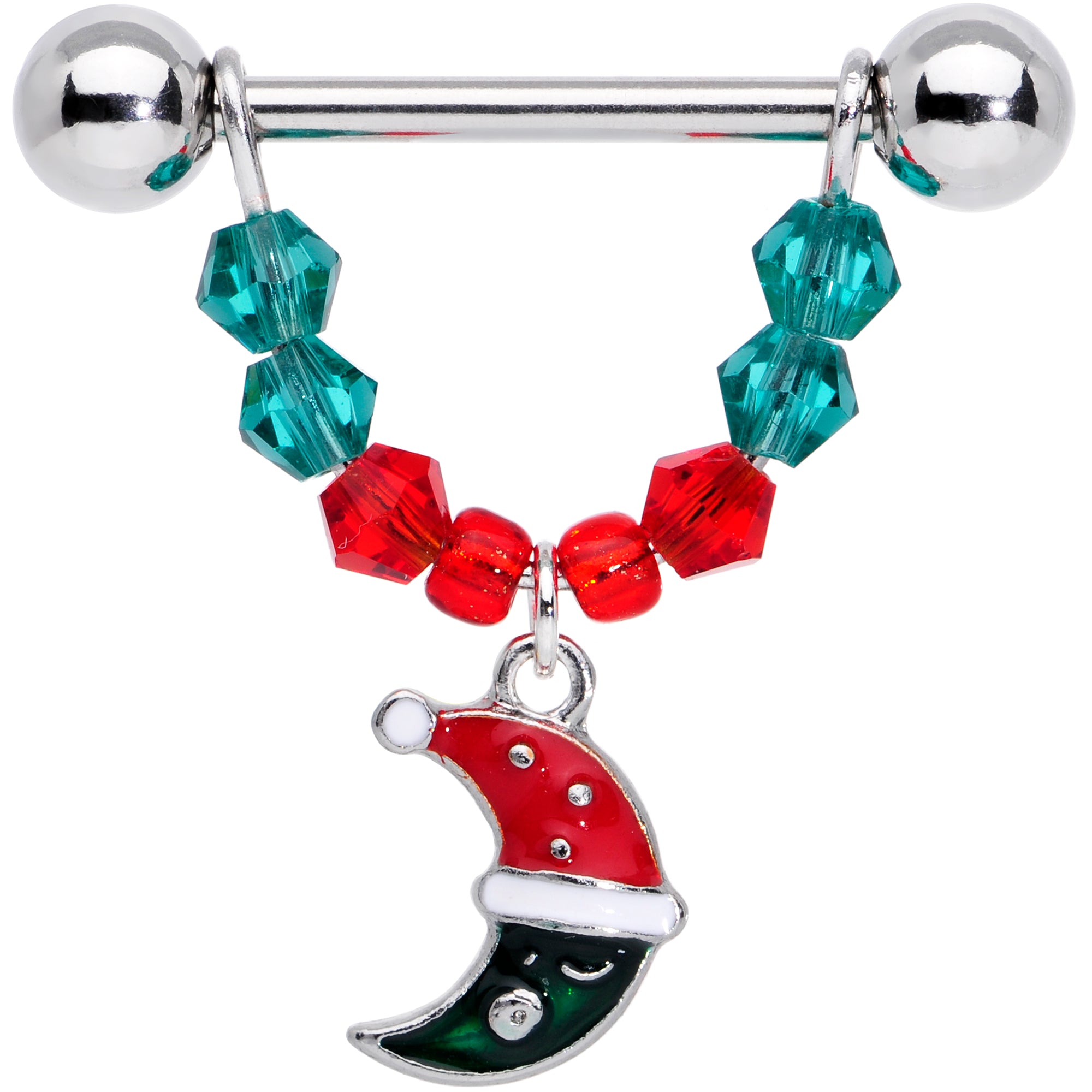 14 Gauge 9/16 Red Green Gem Star Moon Christmas Dangle Nipple Ring Set