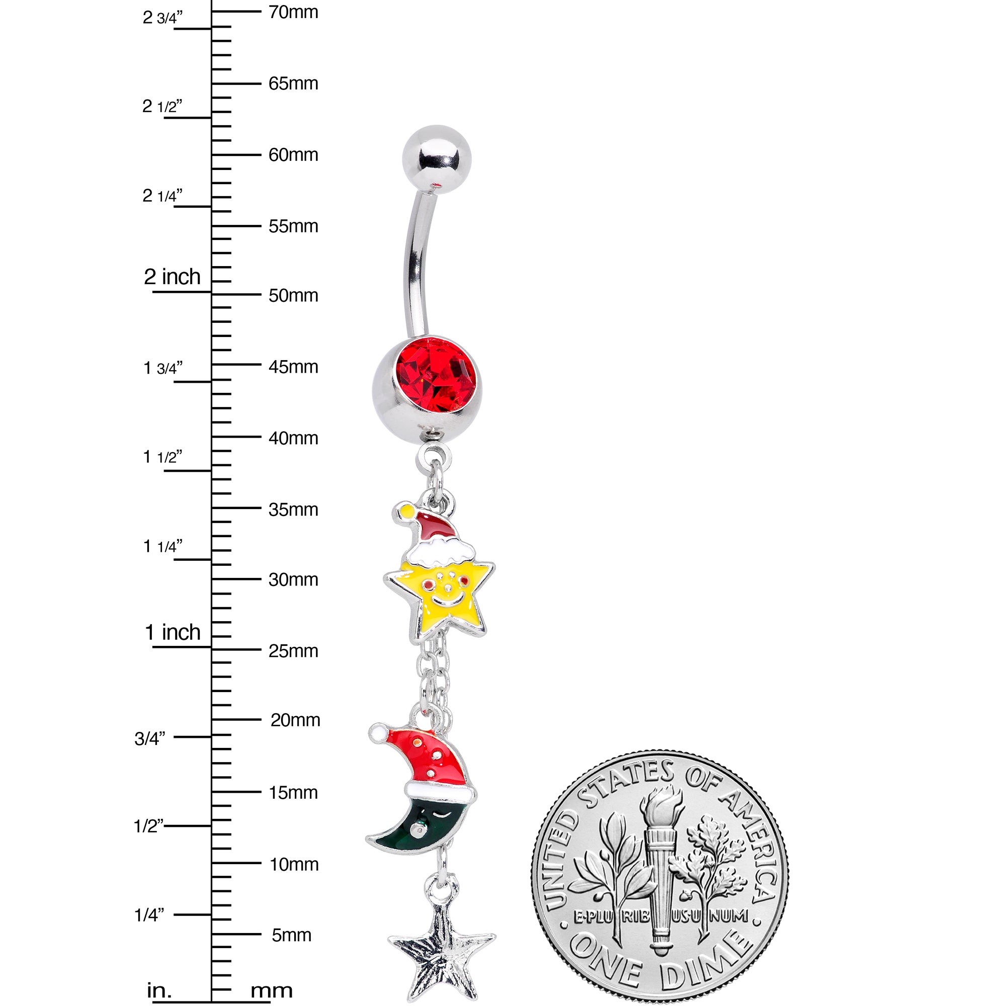 Red Gem Santa Hat Moon Star Christmas Dangle Belly Ring