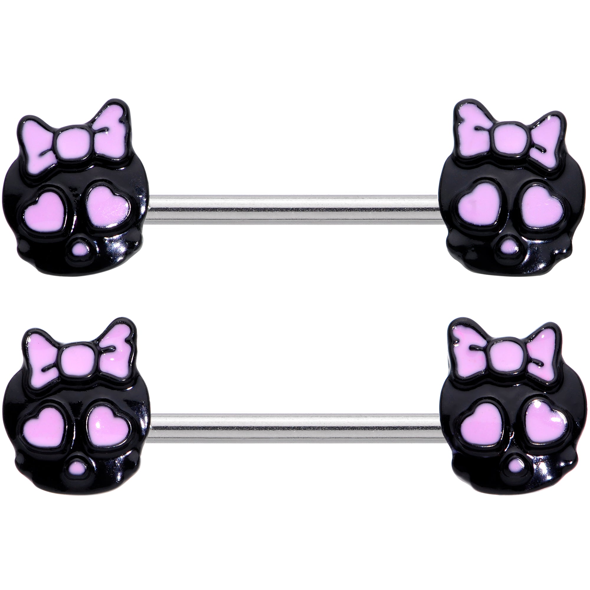 14 Gauge 9/16 Heart Bow Black Skull Halloween Barbell Nipple Ring Set