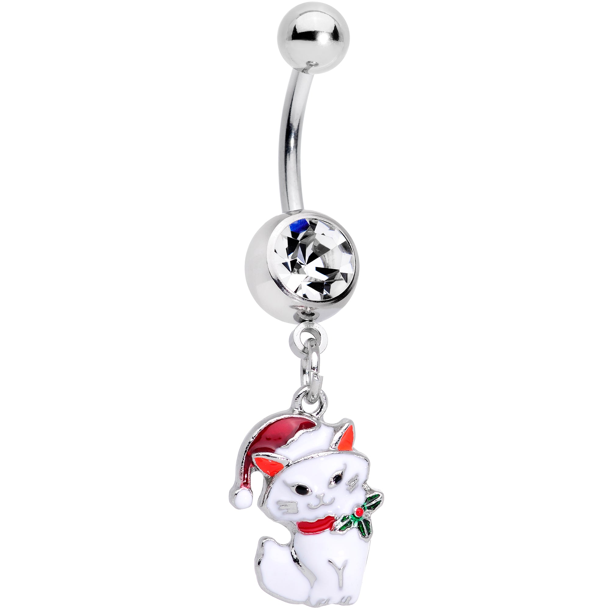 Clear Gem White Cat Santa Hat Christmas Dangle Belly Ring