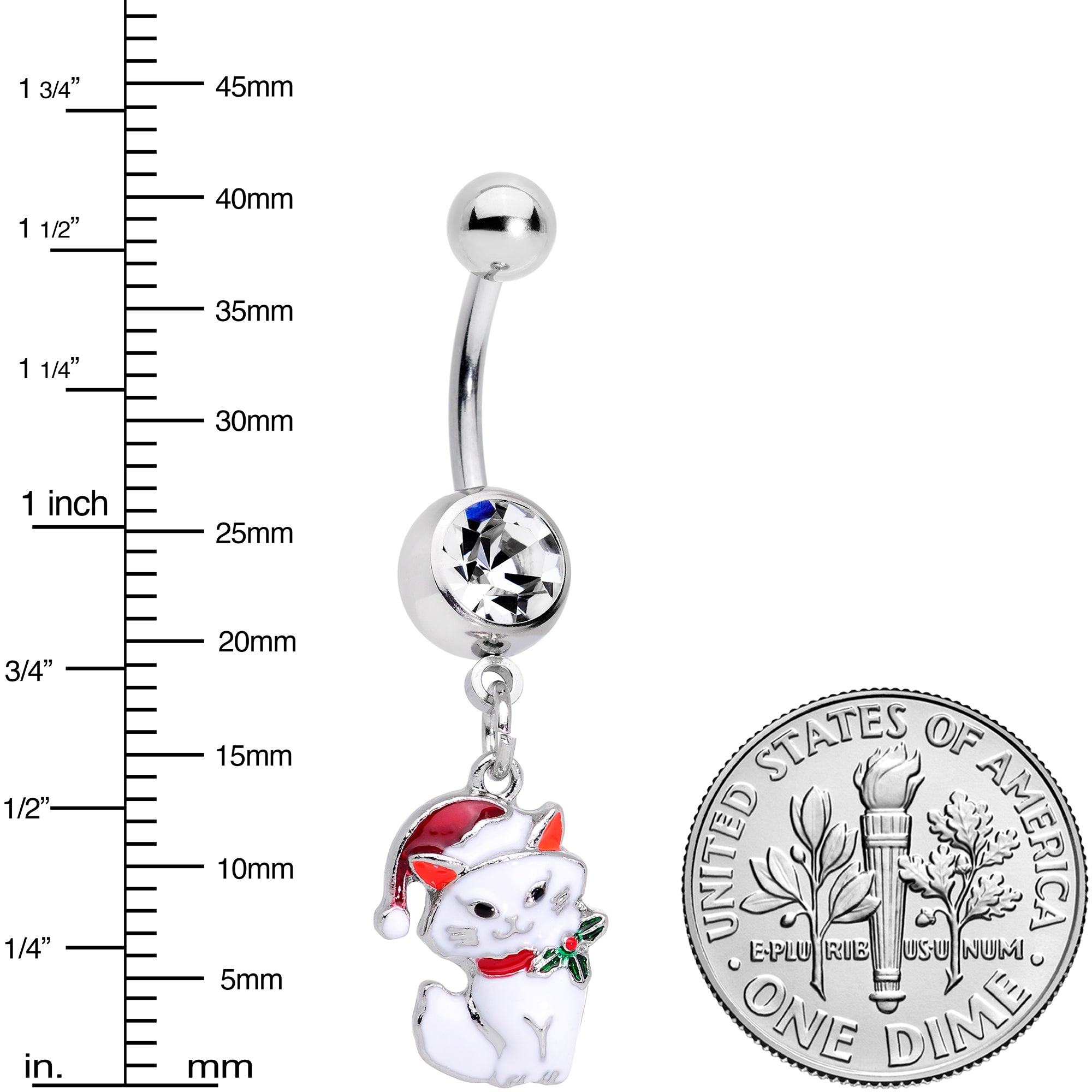 Clear Gem White Cat Santa Hat Christmas Dangle Belly Ring