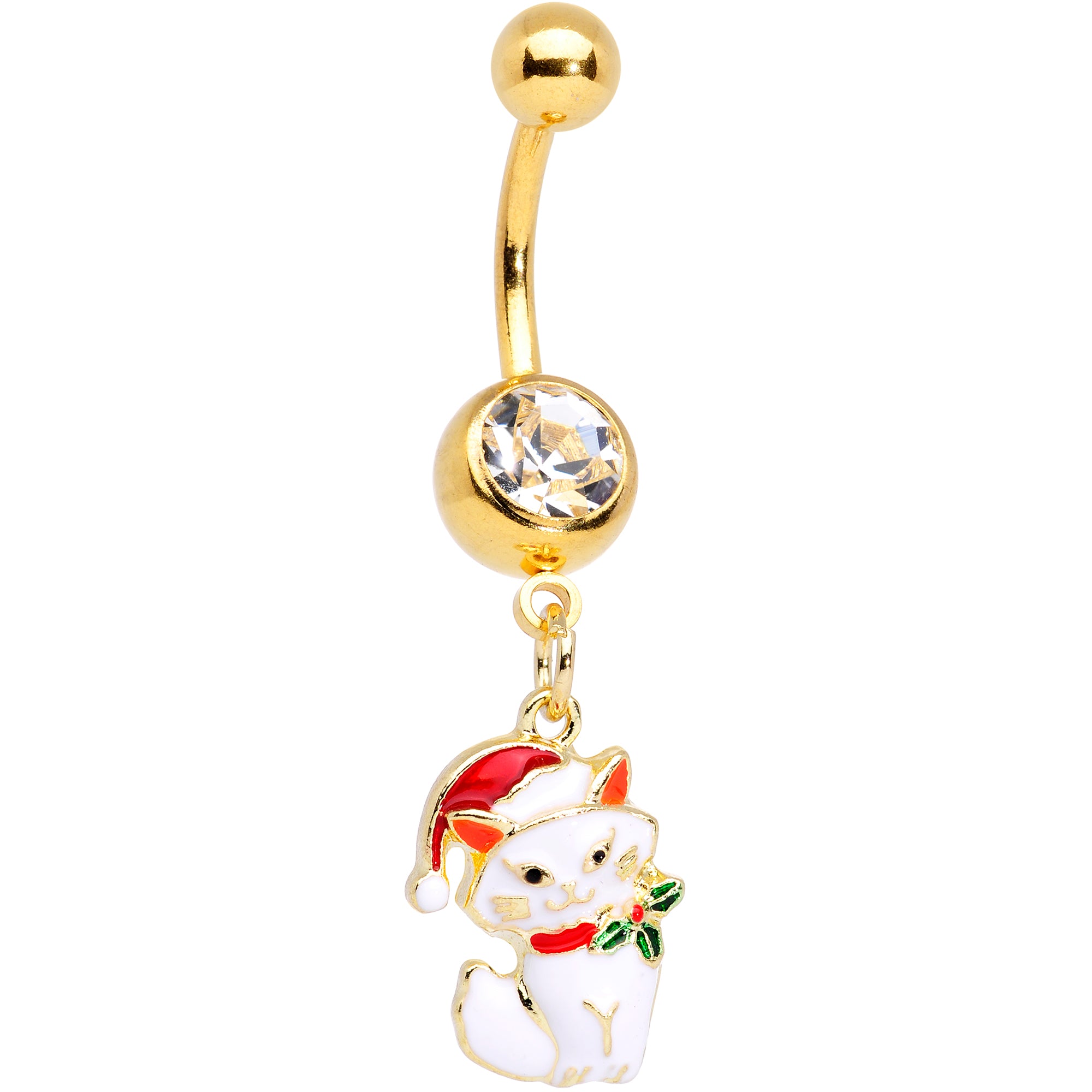 Clear Gem Gold Tone White Cat Santa Hat Christmas Dangle Belly Ring