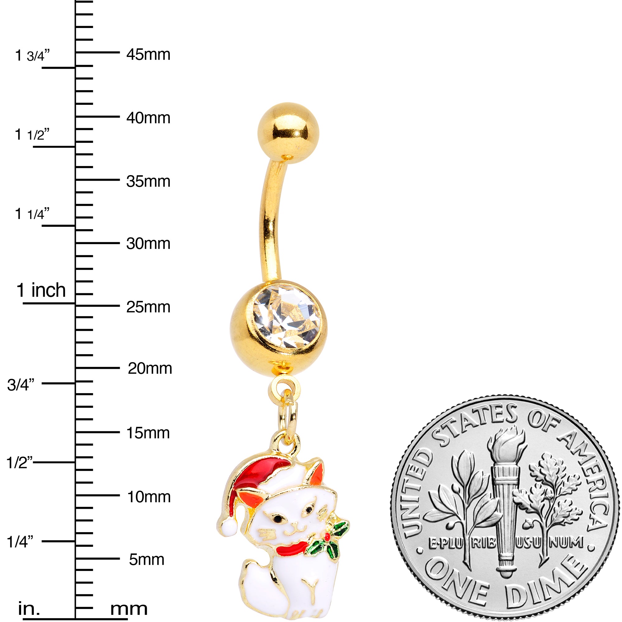 Clear Gem Gold Tone White Cat Santa Hat Christmas Dangle Belly Ring