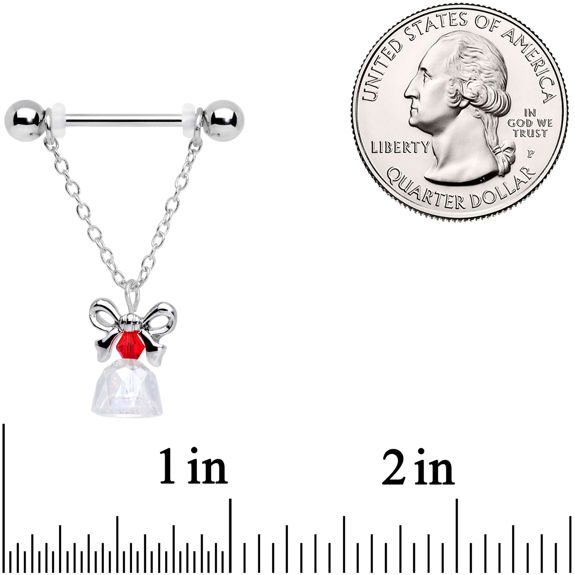 14 Gauge 11/16 Red Gem Bell Christmas Chain Dangle Nipple Ring Set