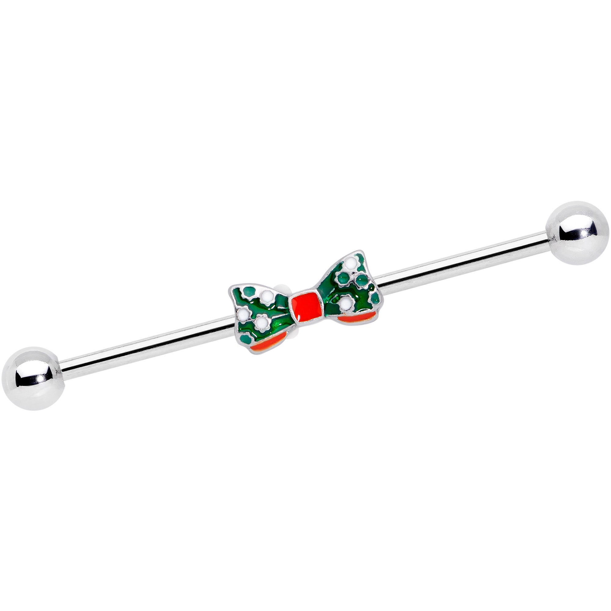 14 Gauge Green Red White Bow Christmas Industrial Barbell 38mm