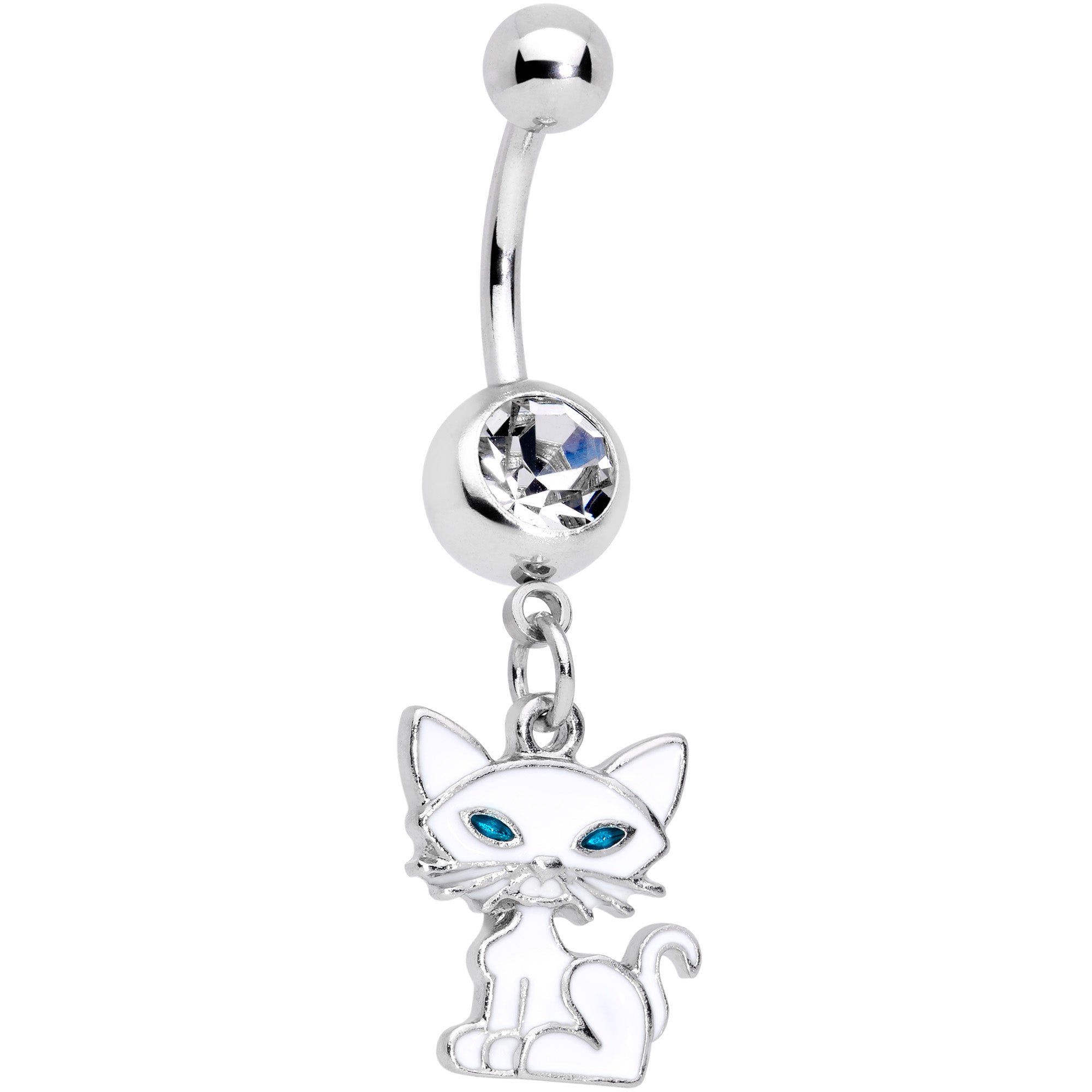 Clear Gem Blue Eyed White Cat Dangle Belly Ring