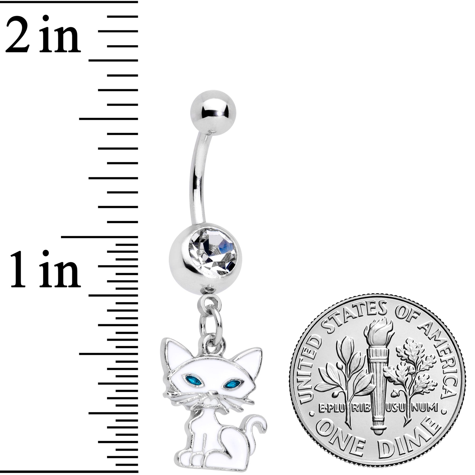 Clear Gem Blue Eyed White Cat Dangle Belly Ring