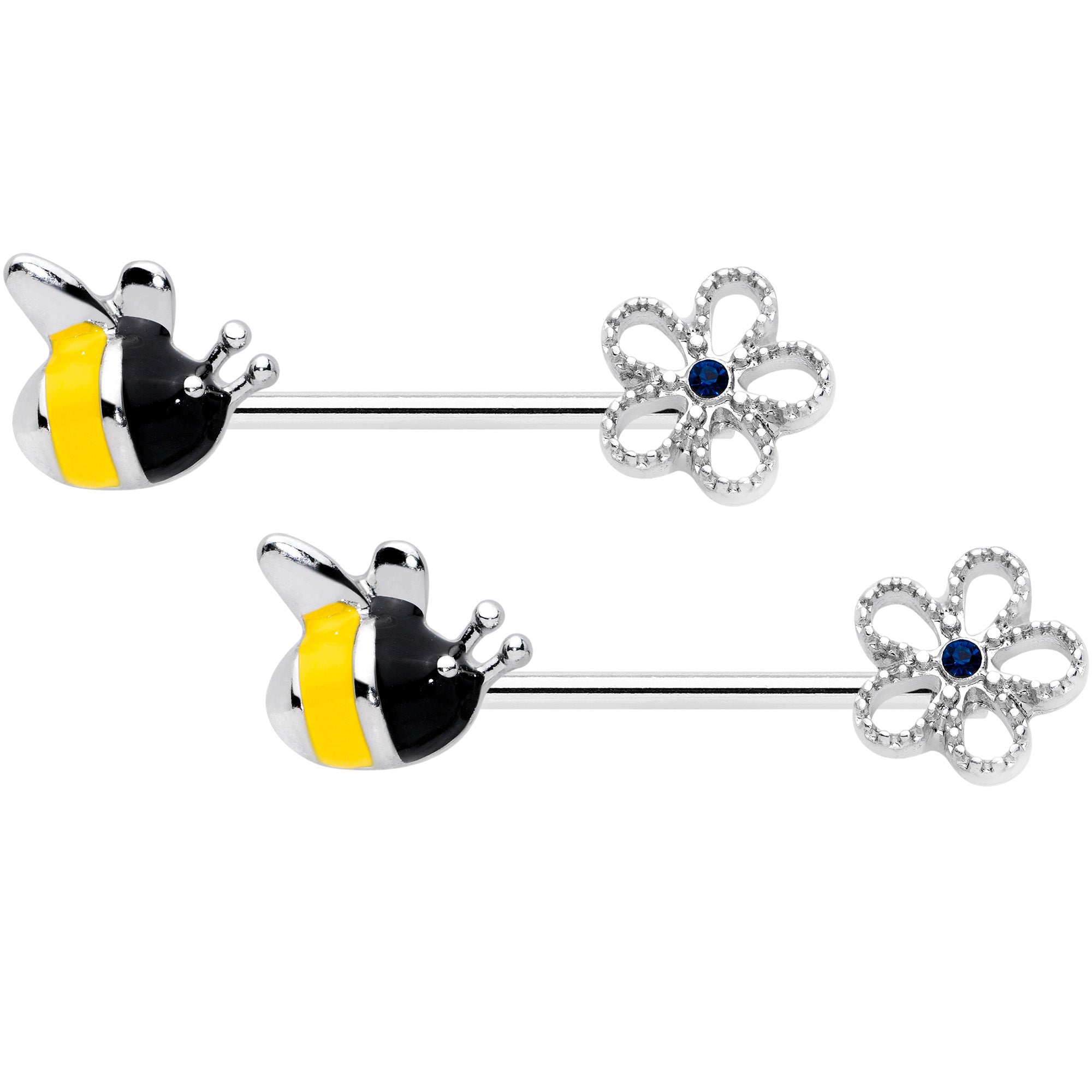 14 Gauge 9/16 Blue Gem Big Bee Flower Barbell Nipple Ring Set