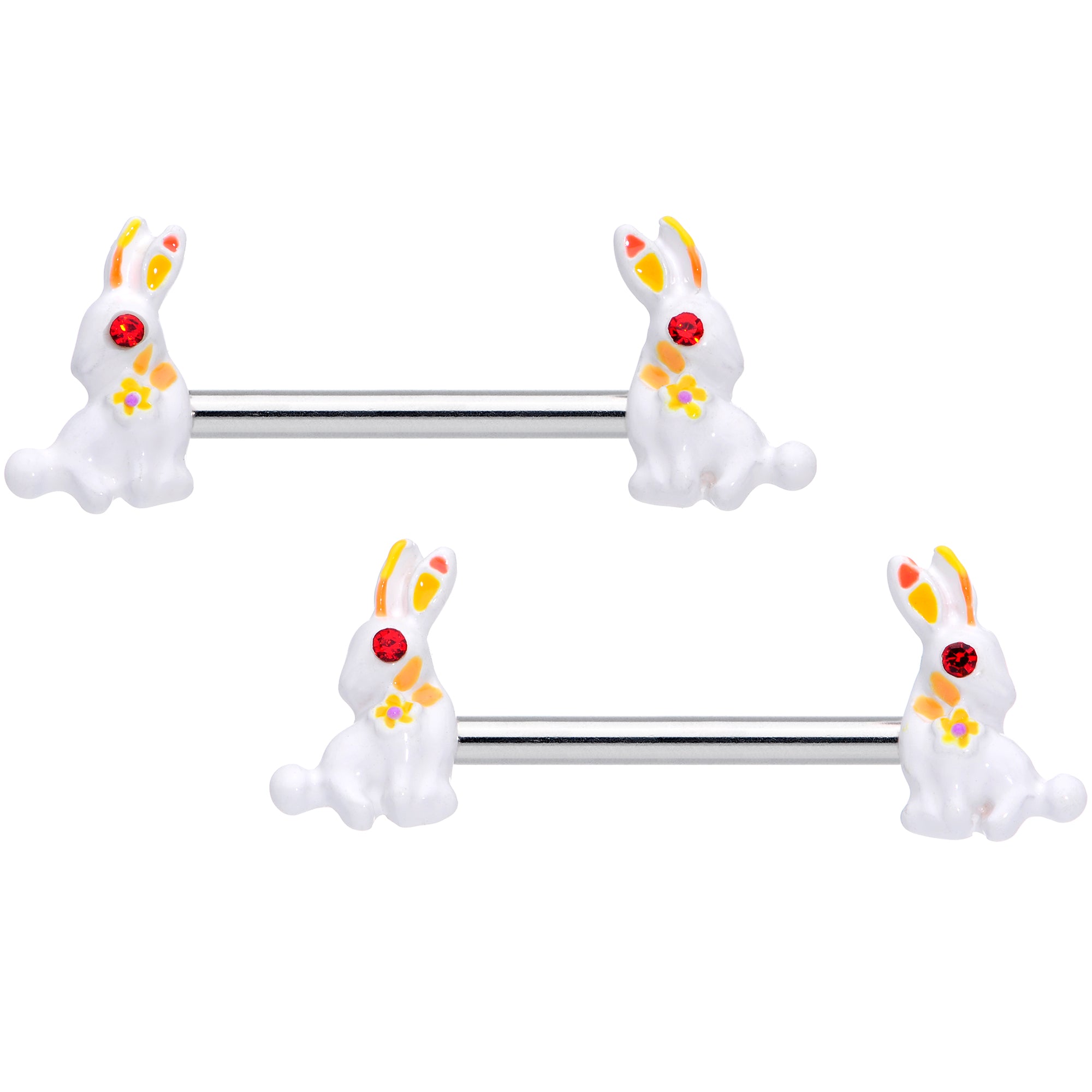 14 Gauge 9/16 Red Gem White Easter Rabbit Barbell Nipple Ring Set