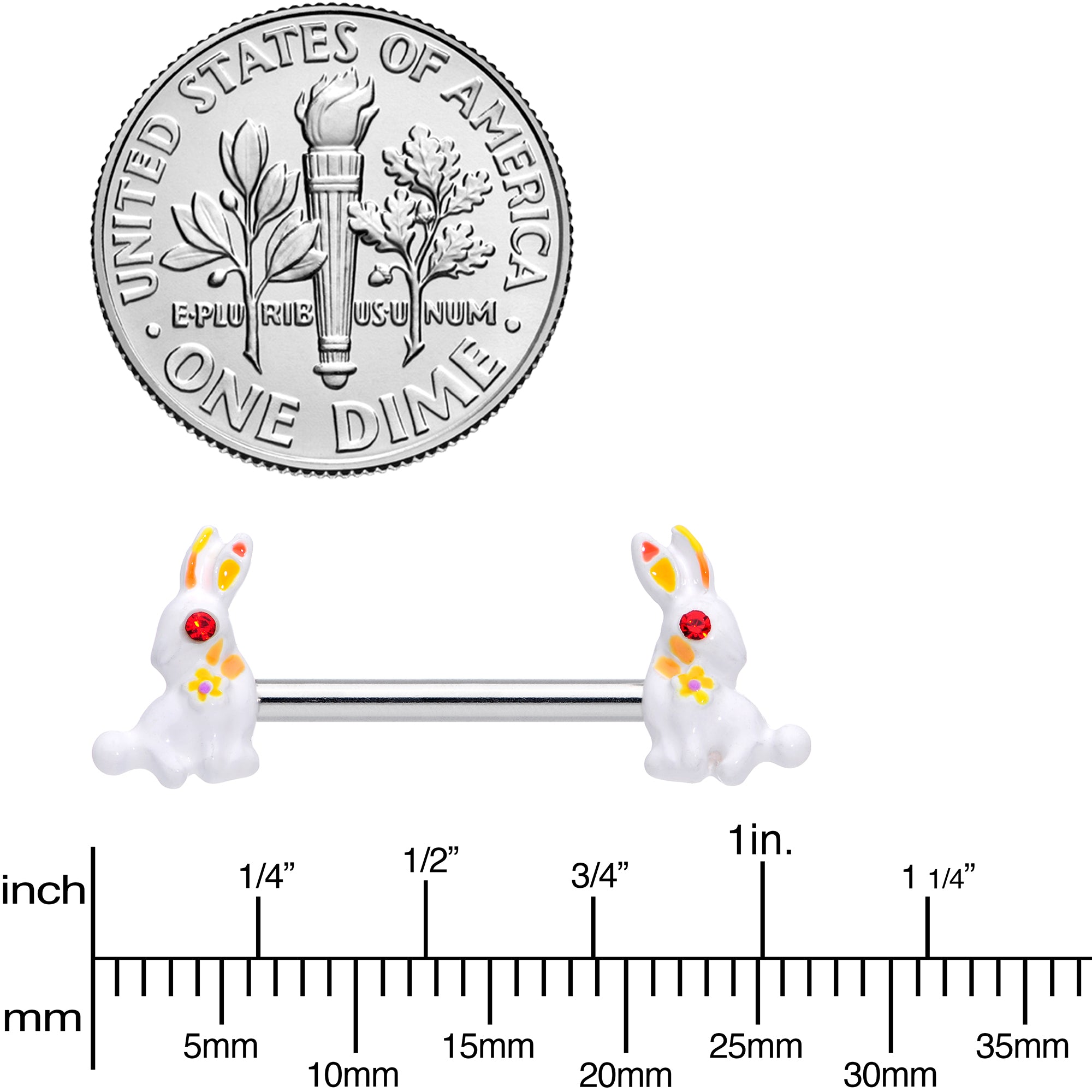 14 Gauge 9/16 Red Gem White Easter Rabbit Barbell Nipple Ring Set