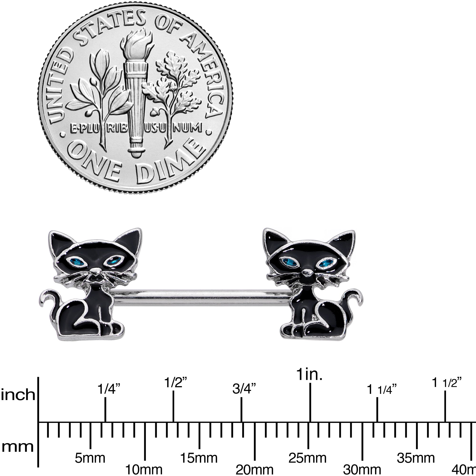 14 Gauge 9/16 Blue Eyed Black Cat Barbell Nipple Ring Set