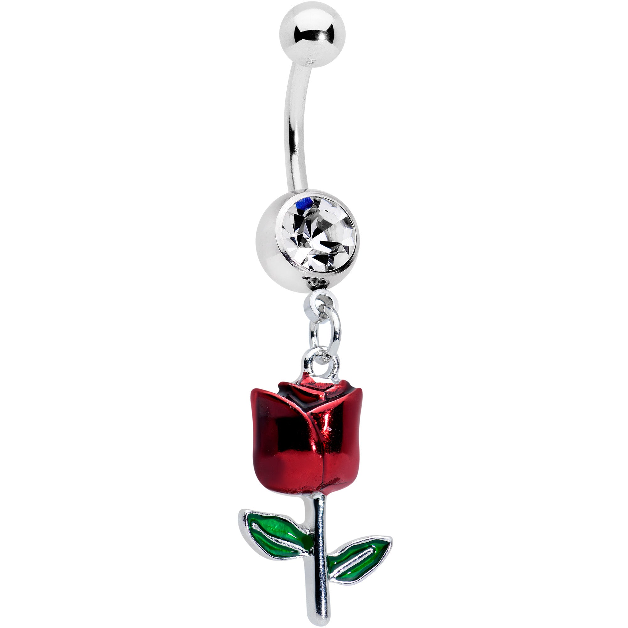 Clear Gem Red Rose Flower Valentines Dangle Belly Ring