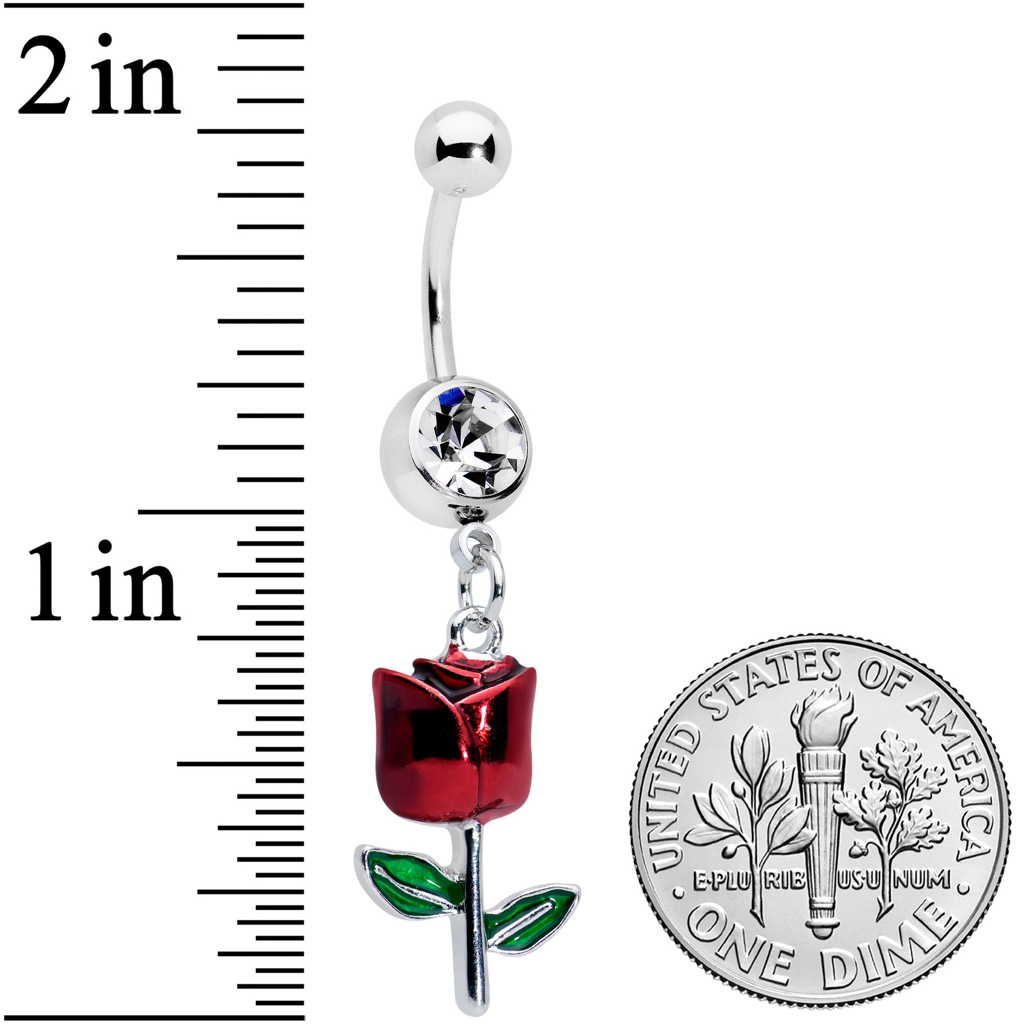 Clear Gem Red Rose Flower Valentines Dangle Belly Ring