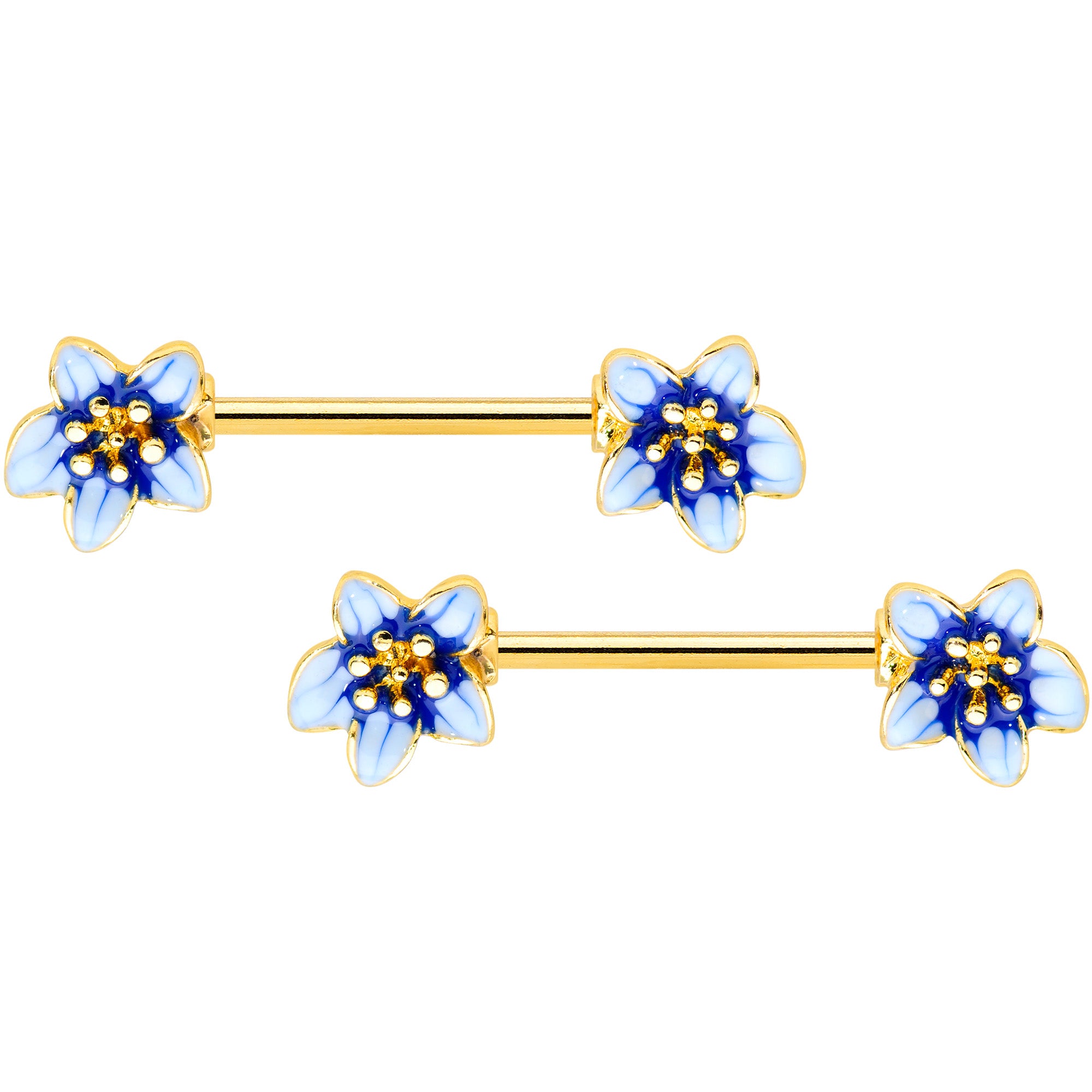 14 Gauge 9/16 Gold Tone White Blue Flower Barbell Nipple Ring Set