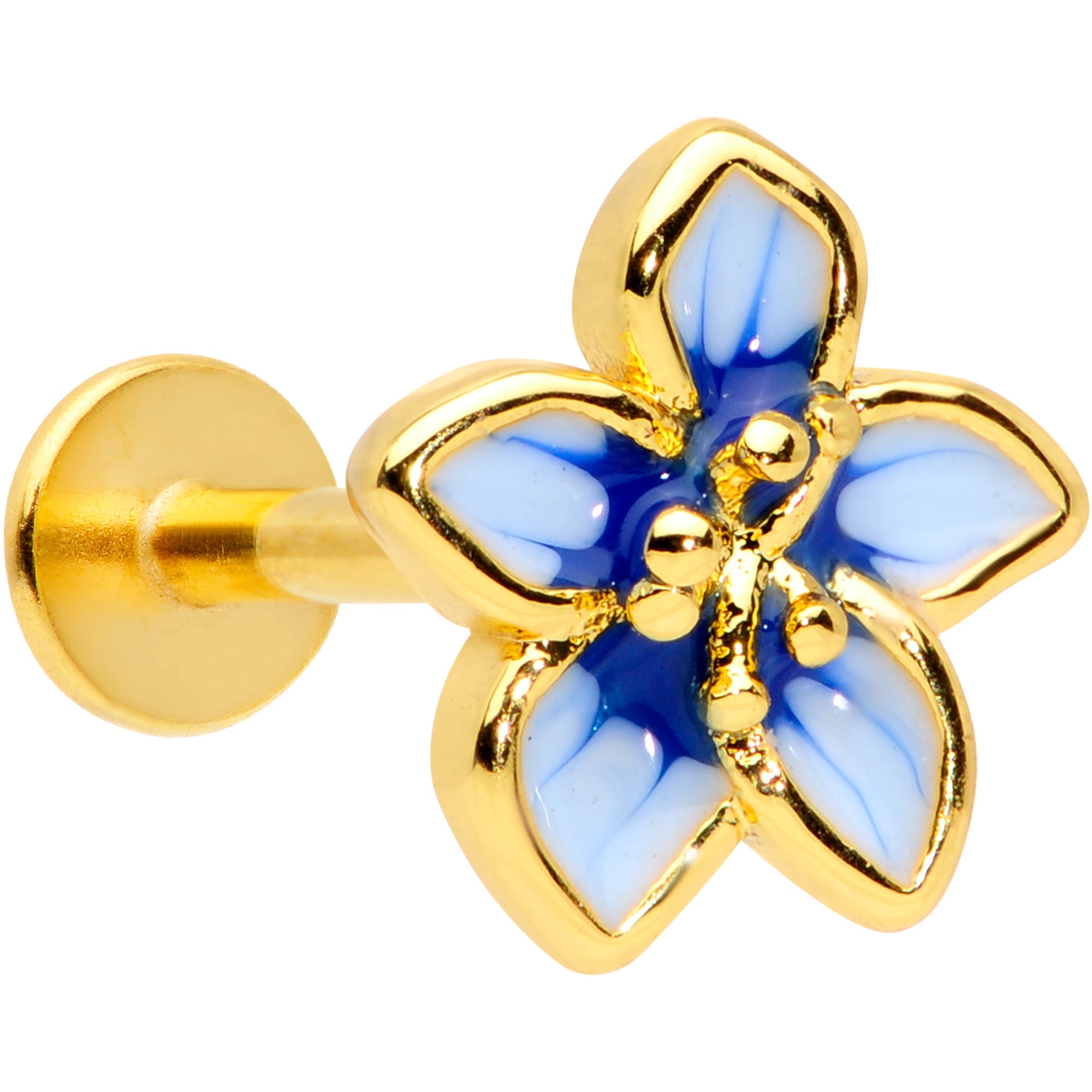 16 Gauge 5/16 Gold Tone White Blue Flower Labret Monroe Tragus