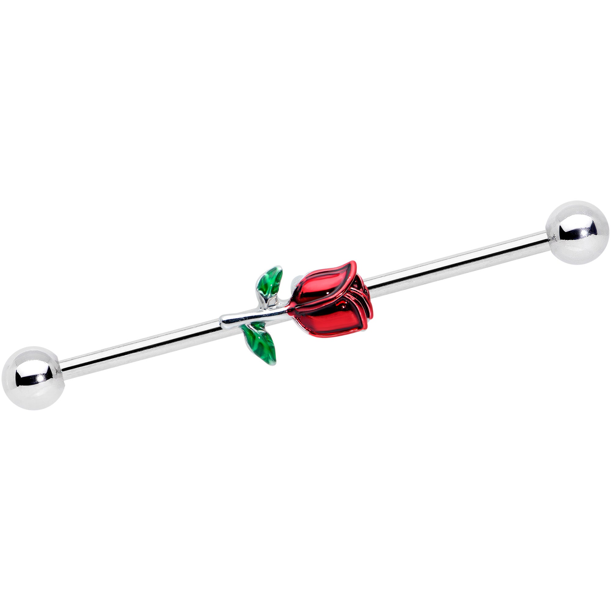 14 Gauge Red Rose Flower Valentines Day Industrial Barbell 38mm