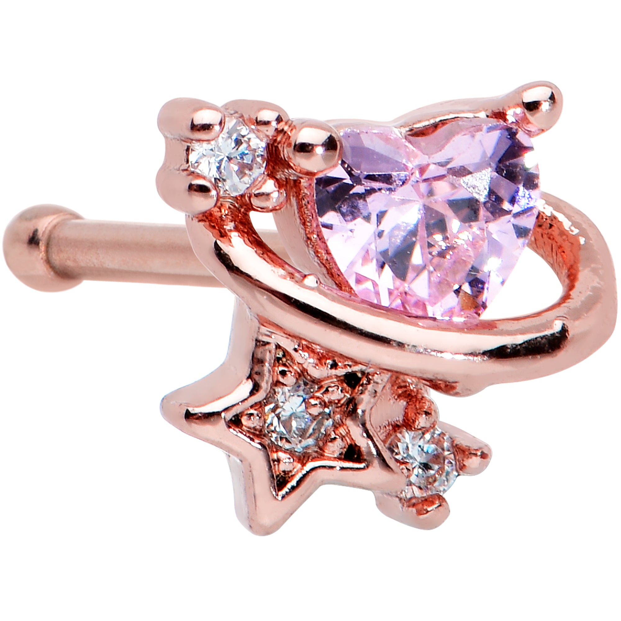 20 Gauge 1/4 Clear Pink Gem Rose Gold Tone Heart Star Nose Bone