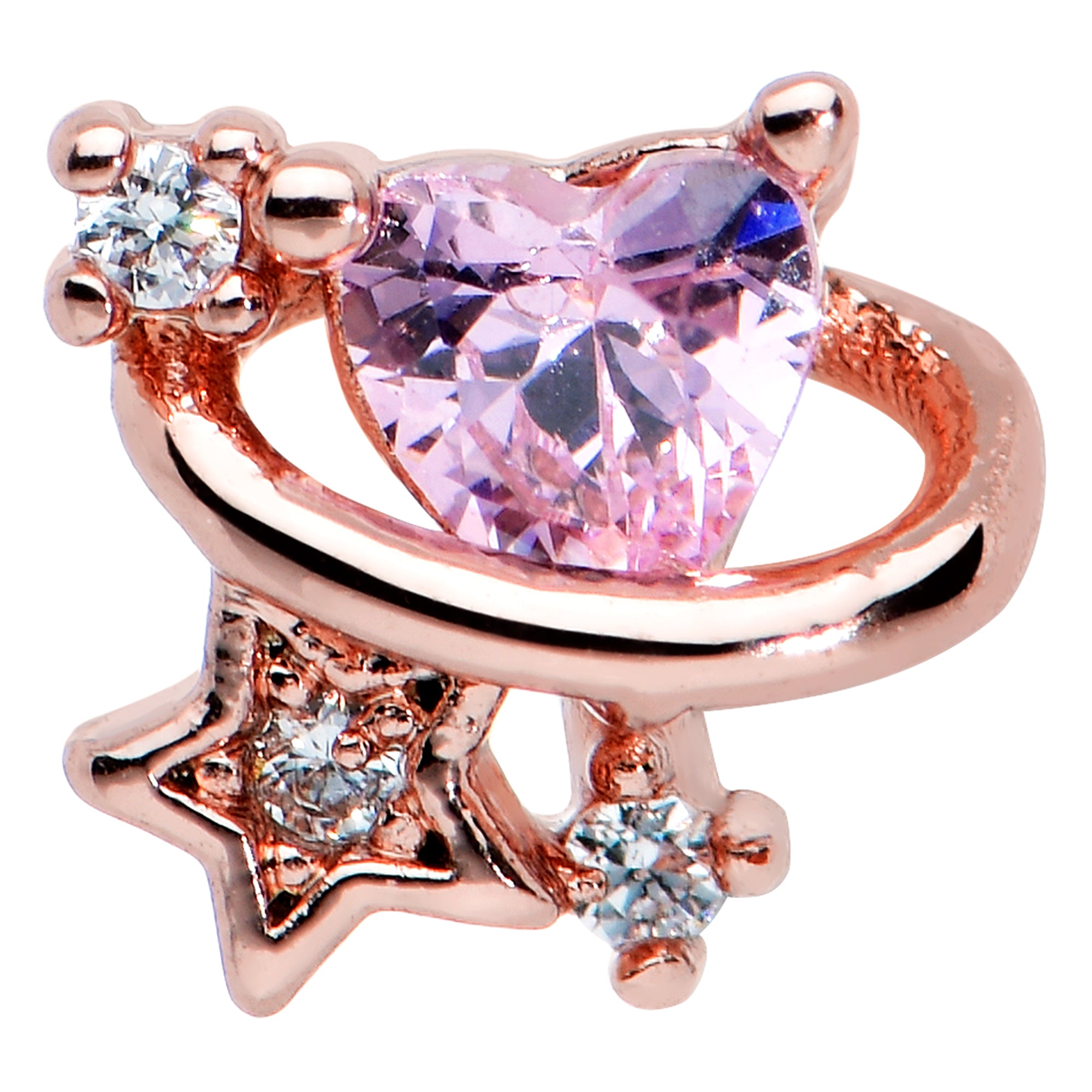 20 Gauge 1/4 Clear Pink Gem Rose Gold Tone Heart Star Nose Bone