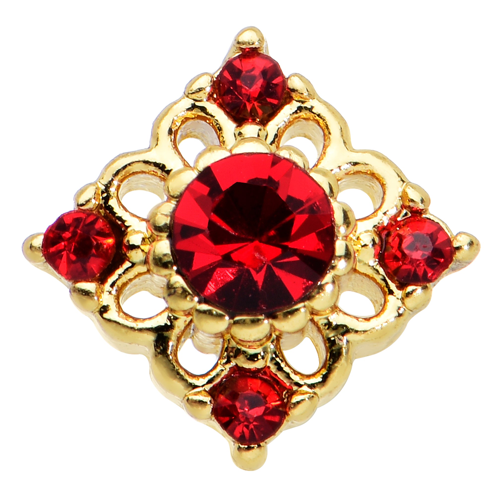 20 Gauge 1/4 Red Gem Gold Tone Regal Rhombus Nose Bone