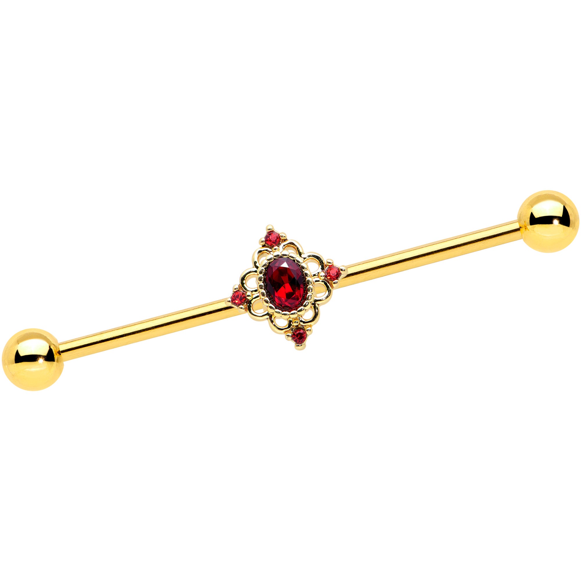 14 Gauge Red Gem Gold Tone Rich Regal Rhombus Industrial Barbell 38mm