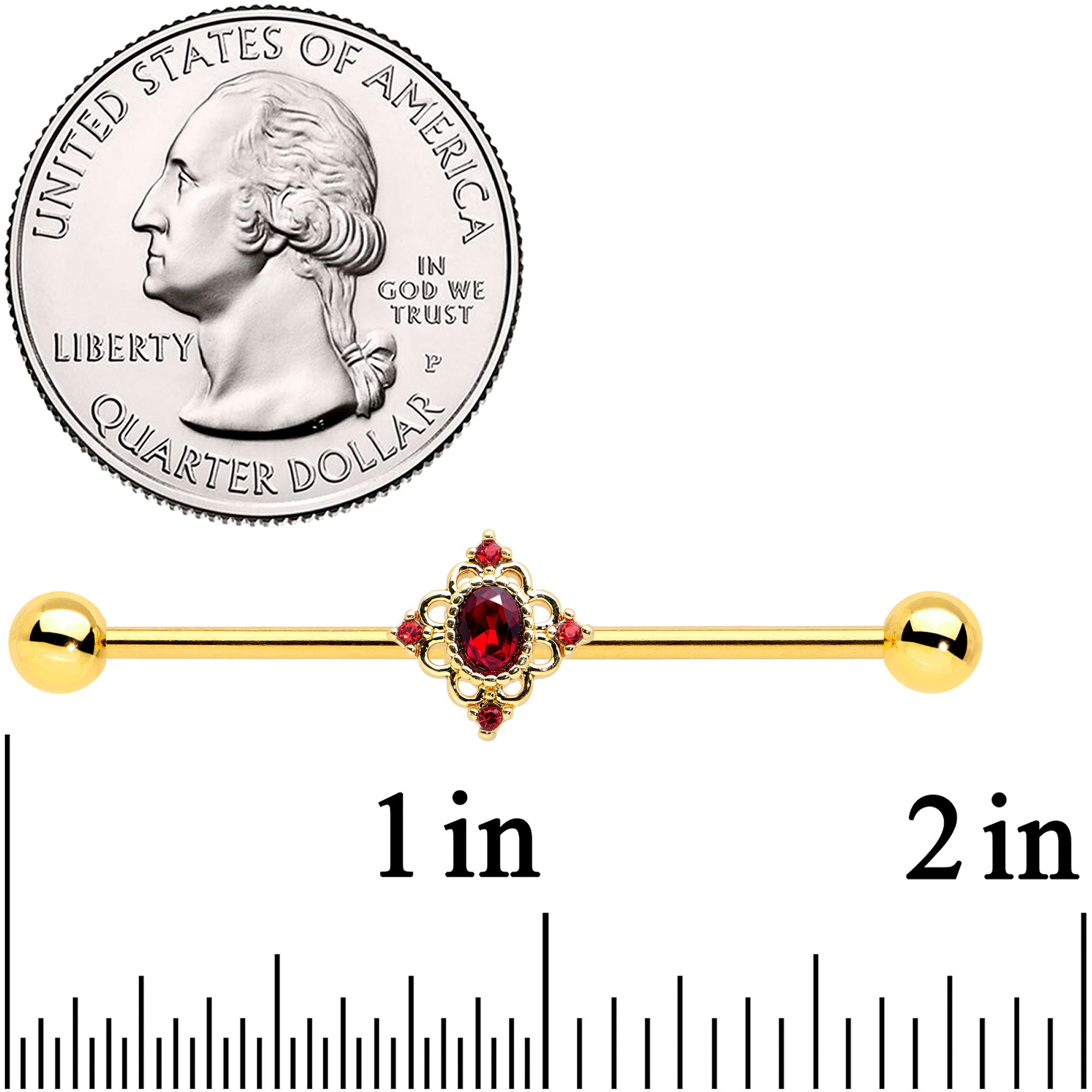 14 Gauge Red Gem Gold Tone Rich Regal Rhombus Industrial Barbell 38mm