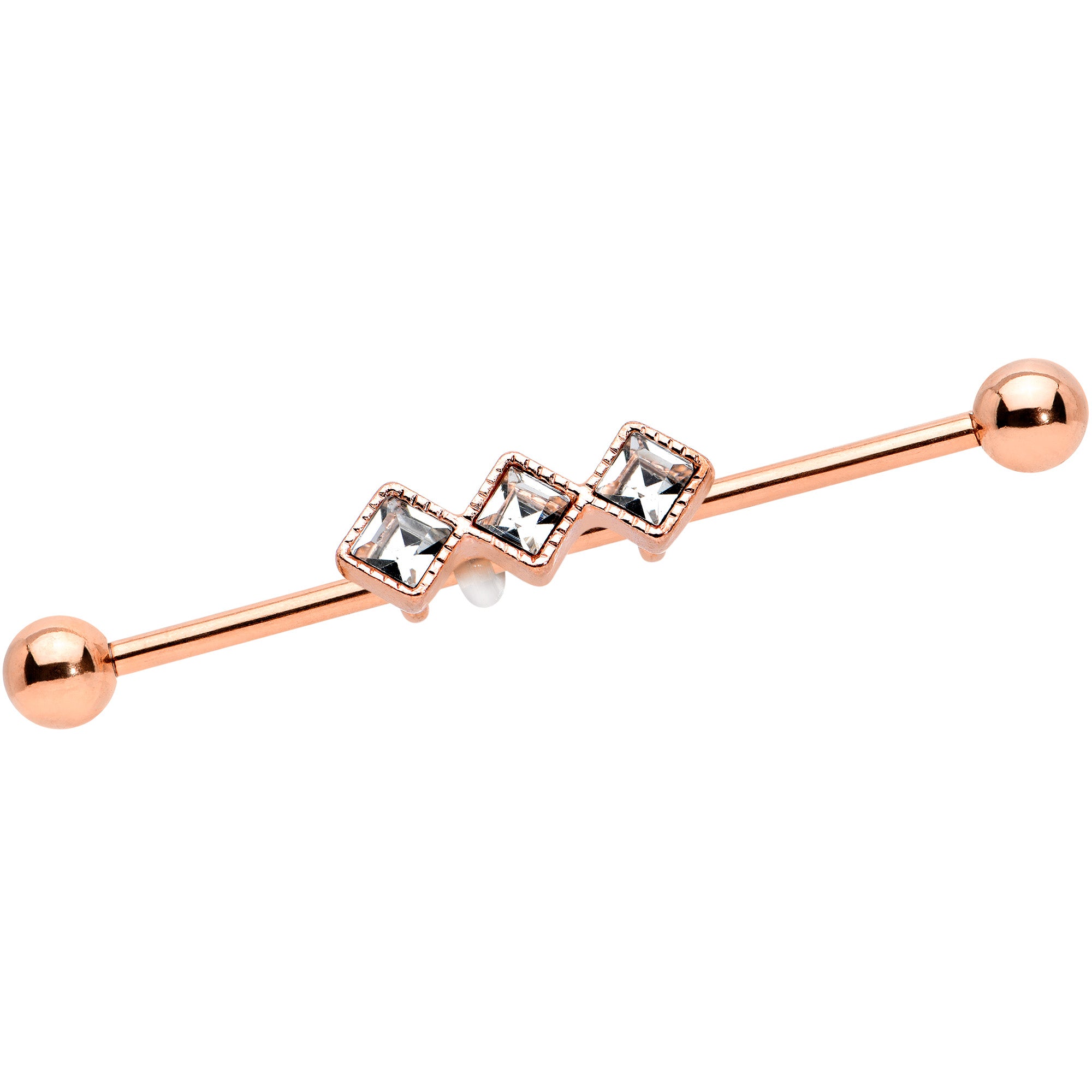 14 Gauge Clear Gem Rose Gold Hue Triple Rhombus Industrial Barbell 38mm