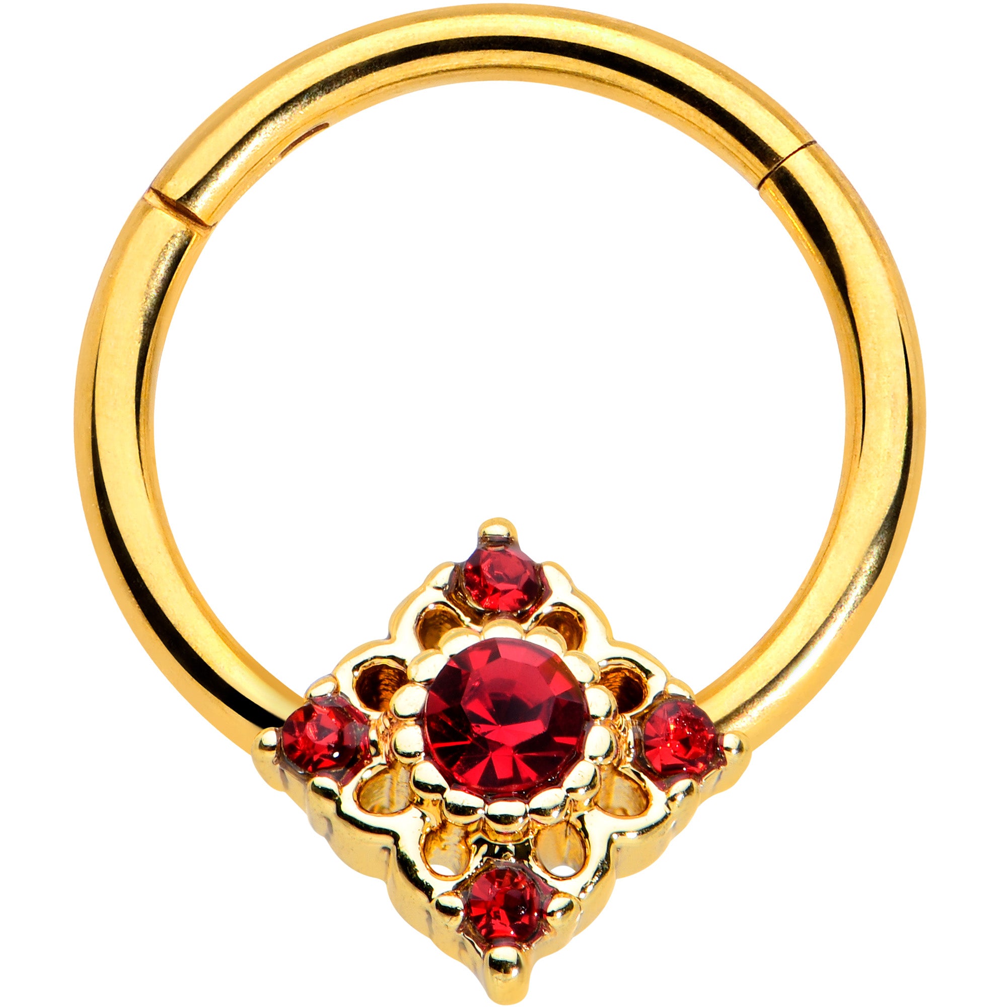 16 Gauge 3/8 Red Gem Gold Tone Regal Rhombus Hinged Segment Ring