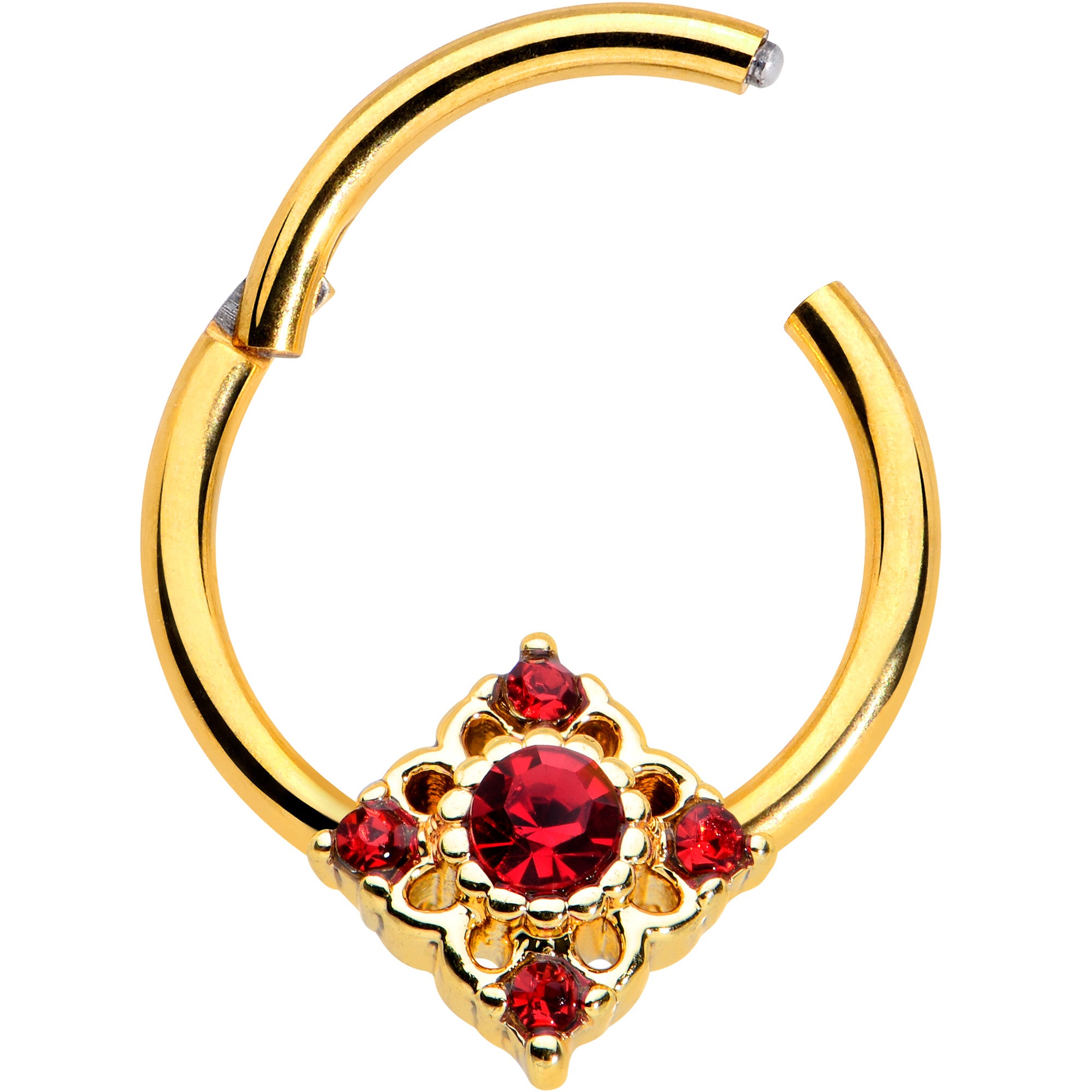 16 Gauge 3/8 Red Gem Gold Tone Regal Rhombus Hinged Segment Ring