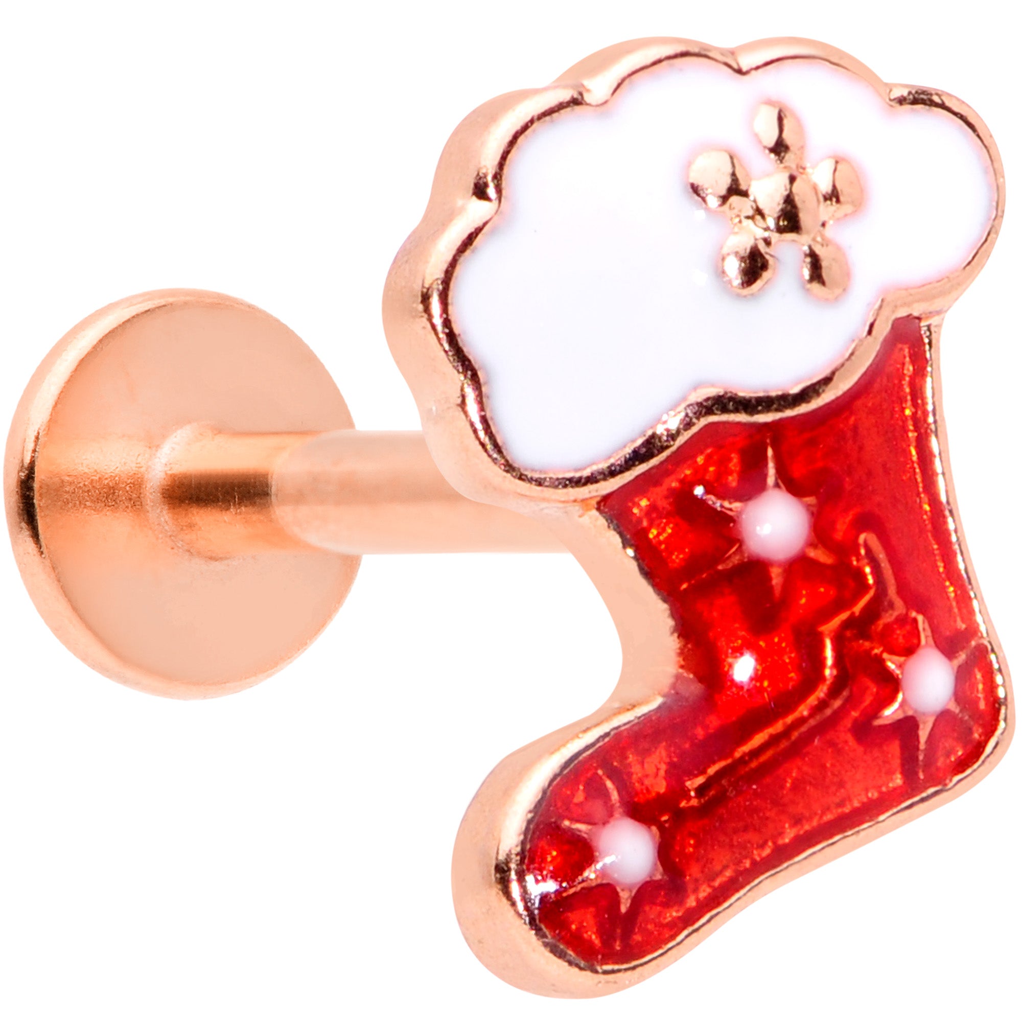 16 Gauge 5/16 Rose Gold Tone Red Christmas Stocking Labret Tragus