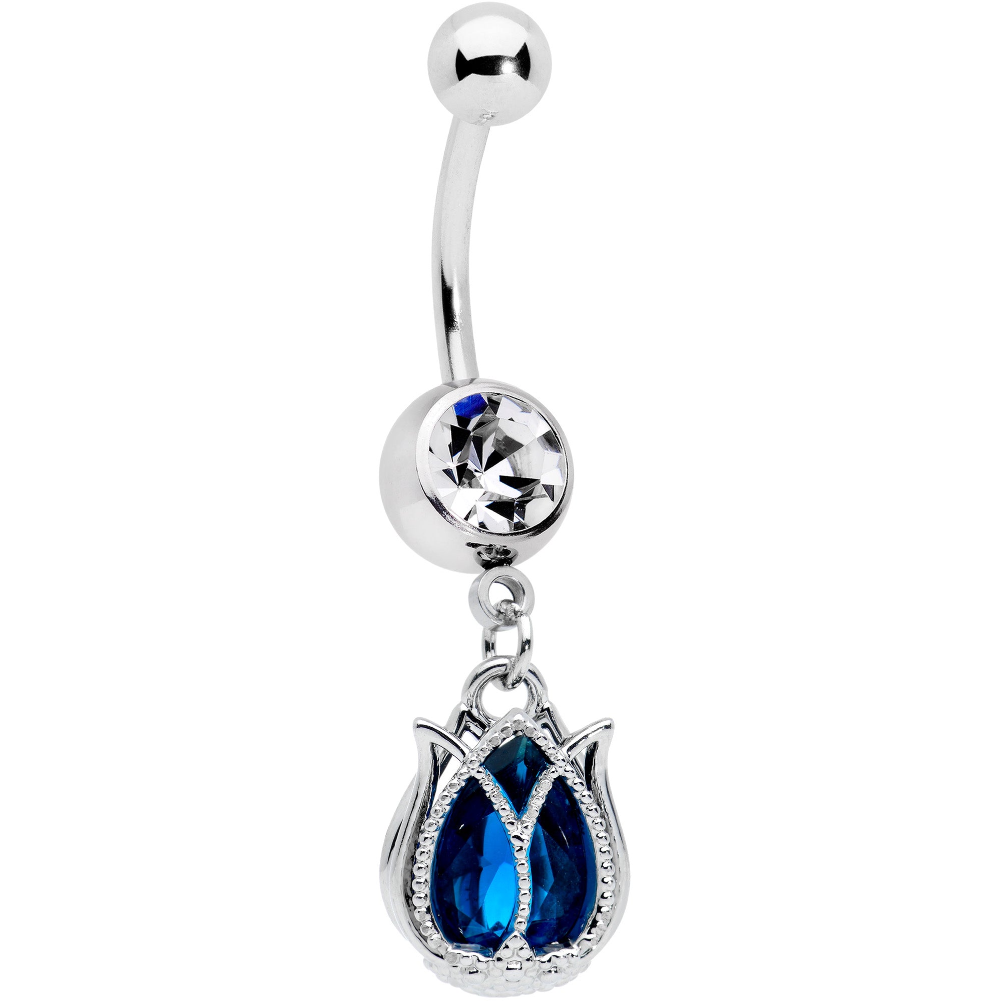 Clear Blue Gem Tulip Petal Flower Dangle Belly Ring