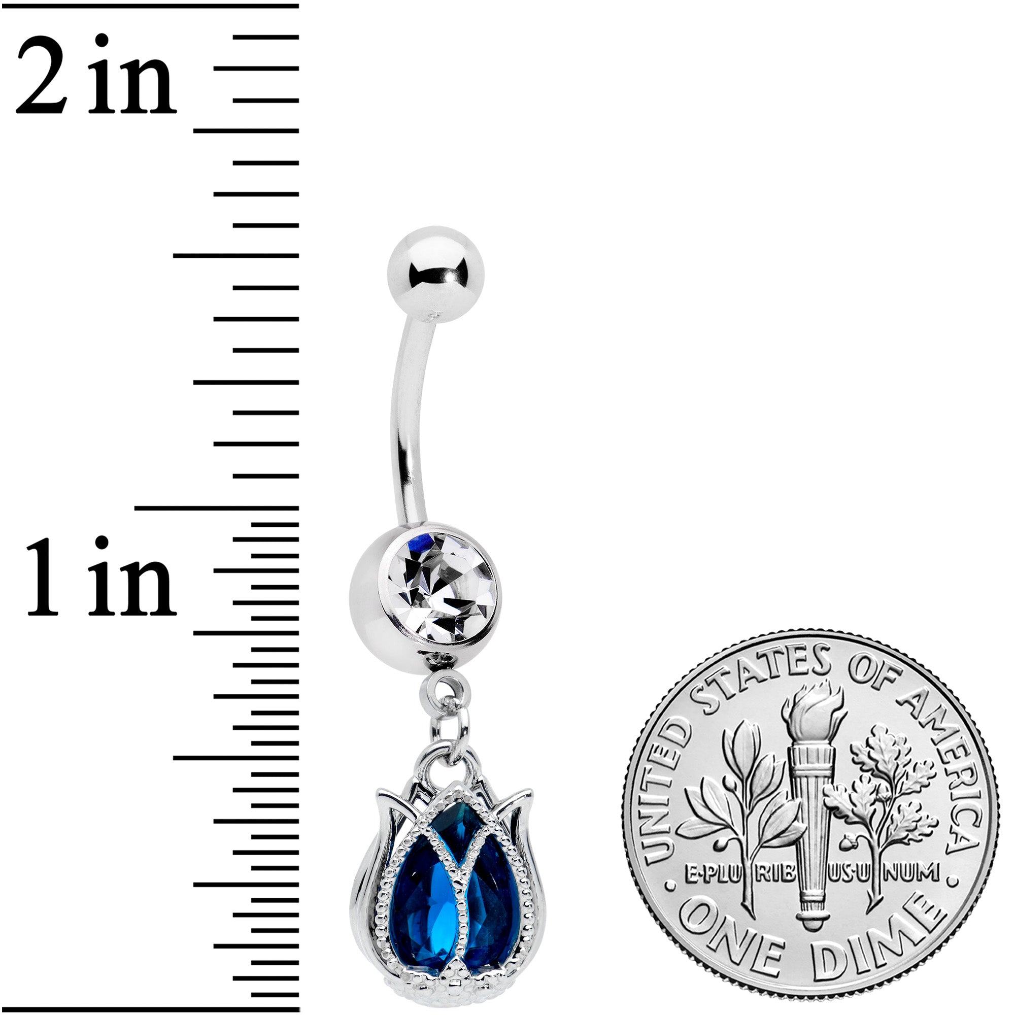 Clear Blue Gem Tulip Petal Flower Dangle Belly Ring