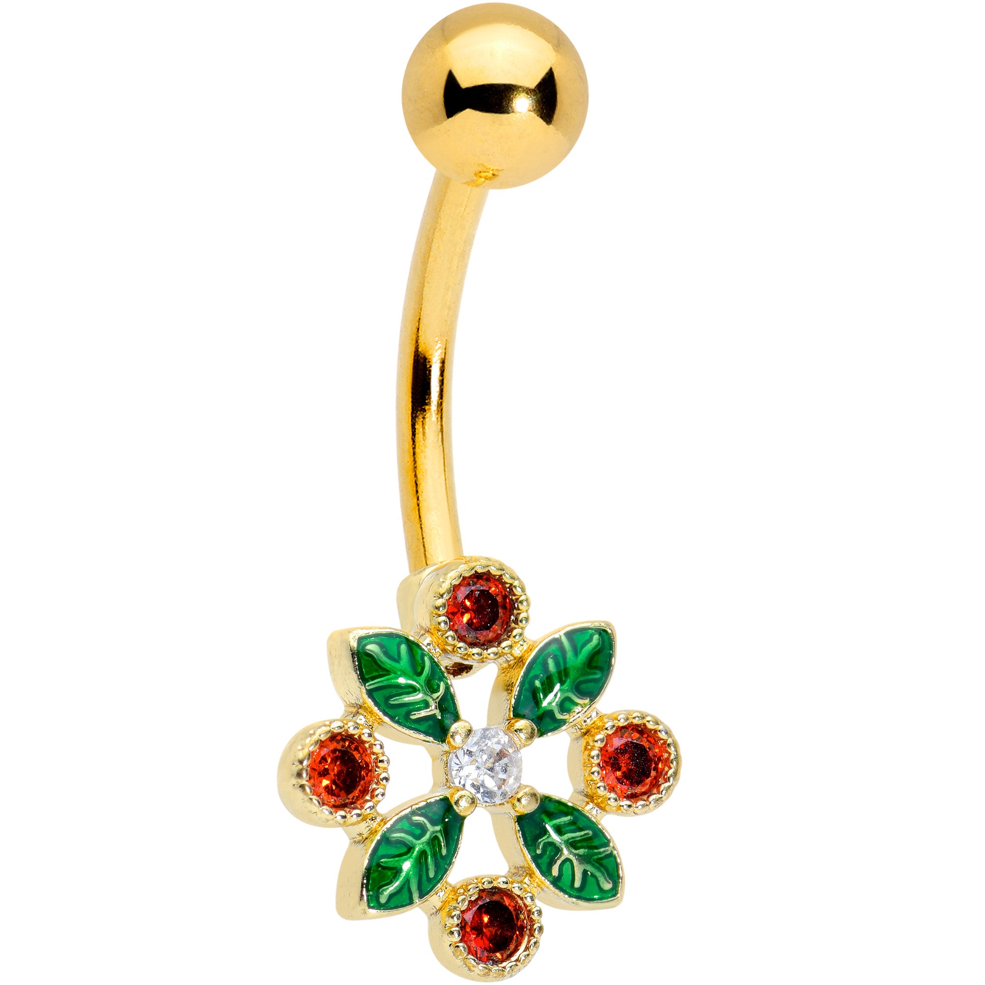 Clear Red Gem Gold Tone Crest Christmas Belly Ring