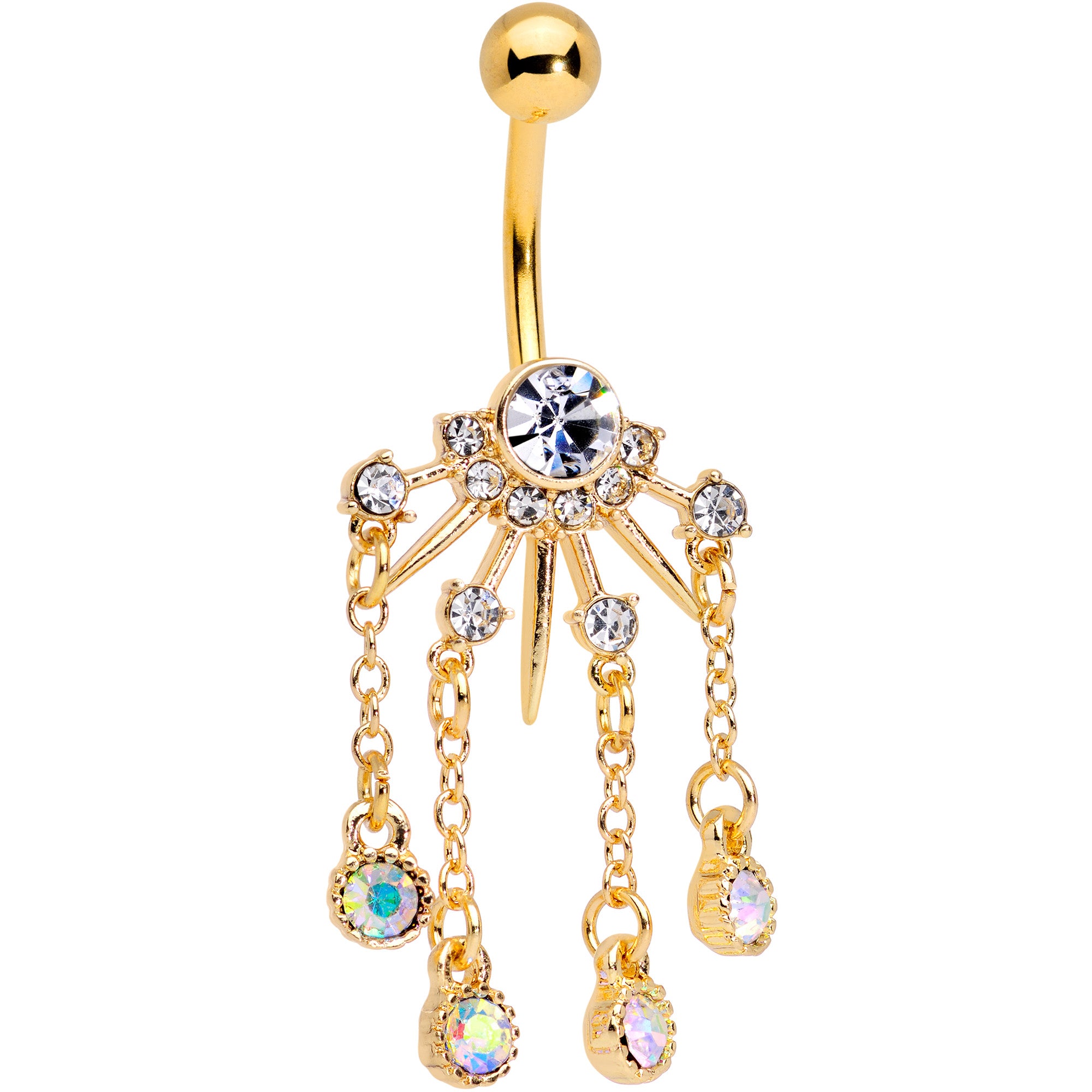 Clear CZ Gem Gold Tone Elegant Crest Dangle Belly Ring