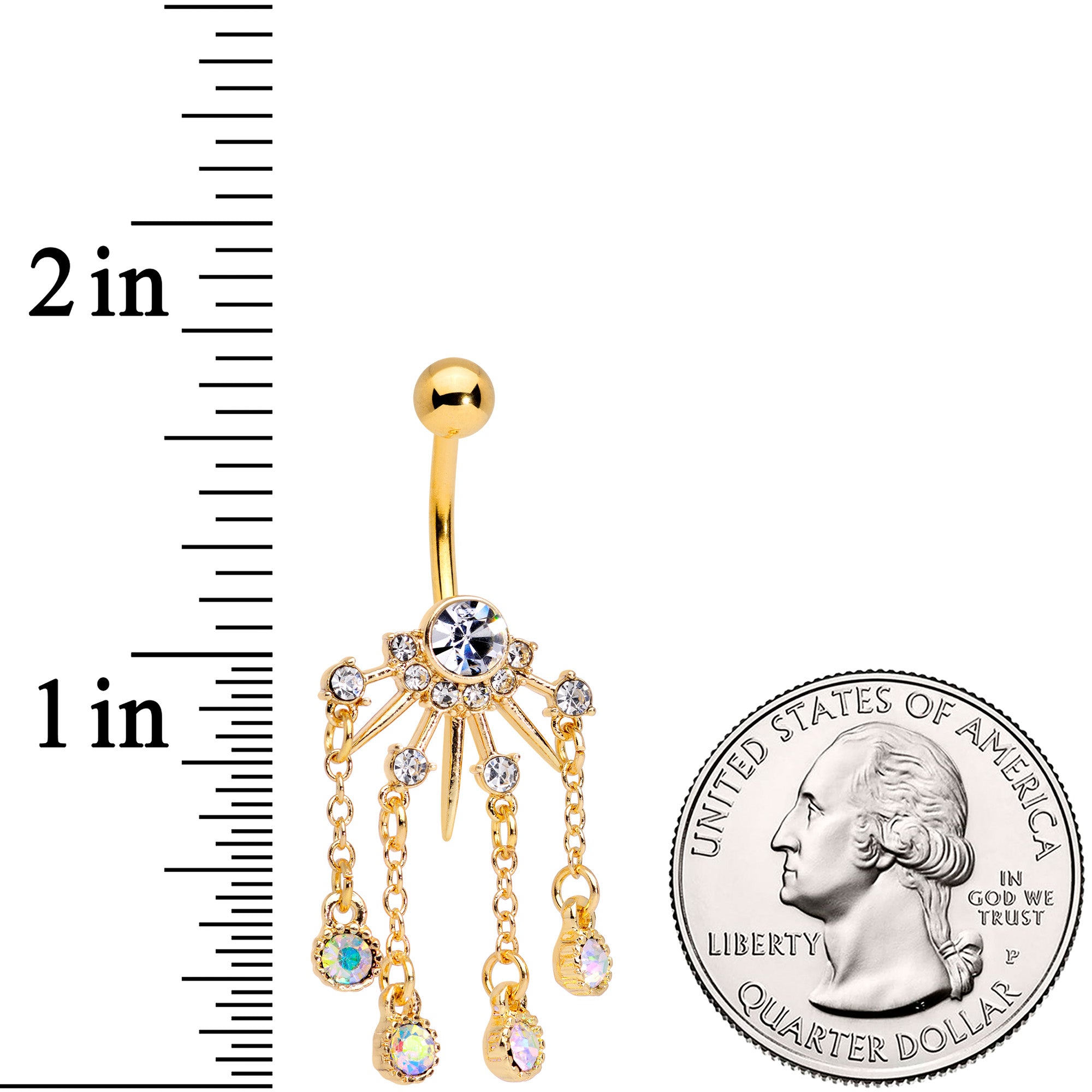 Clear CZ Gem Gold Tone Elegant Crest Dangle Belly Ring