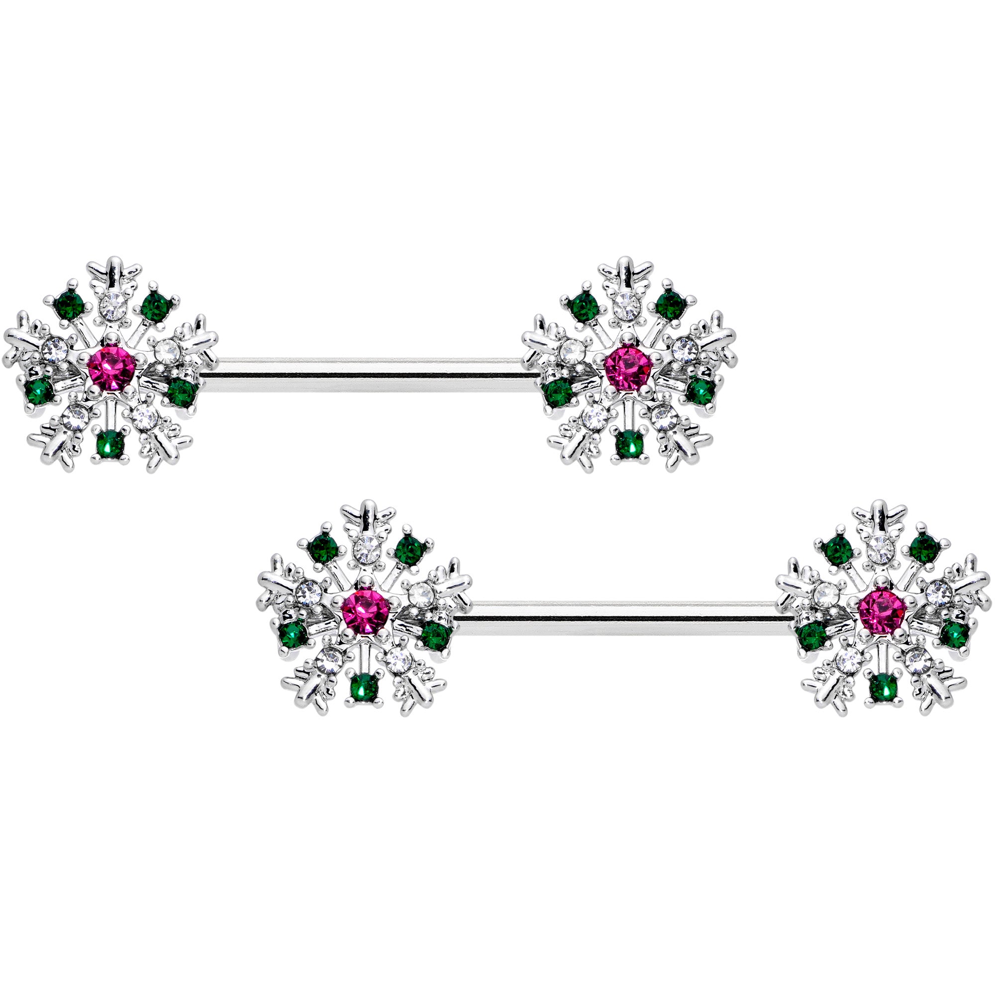 14 Gauge 9/16 Clear Pink Green Gem Snowflake Barbell Nipple Ring Set