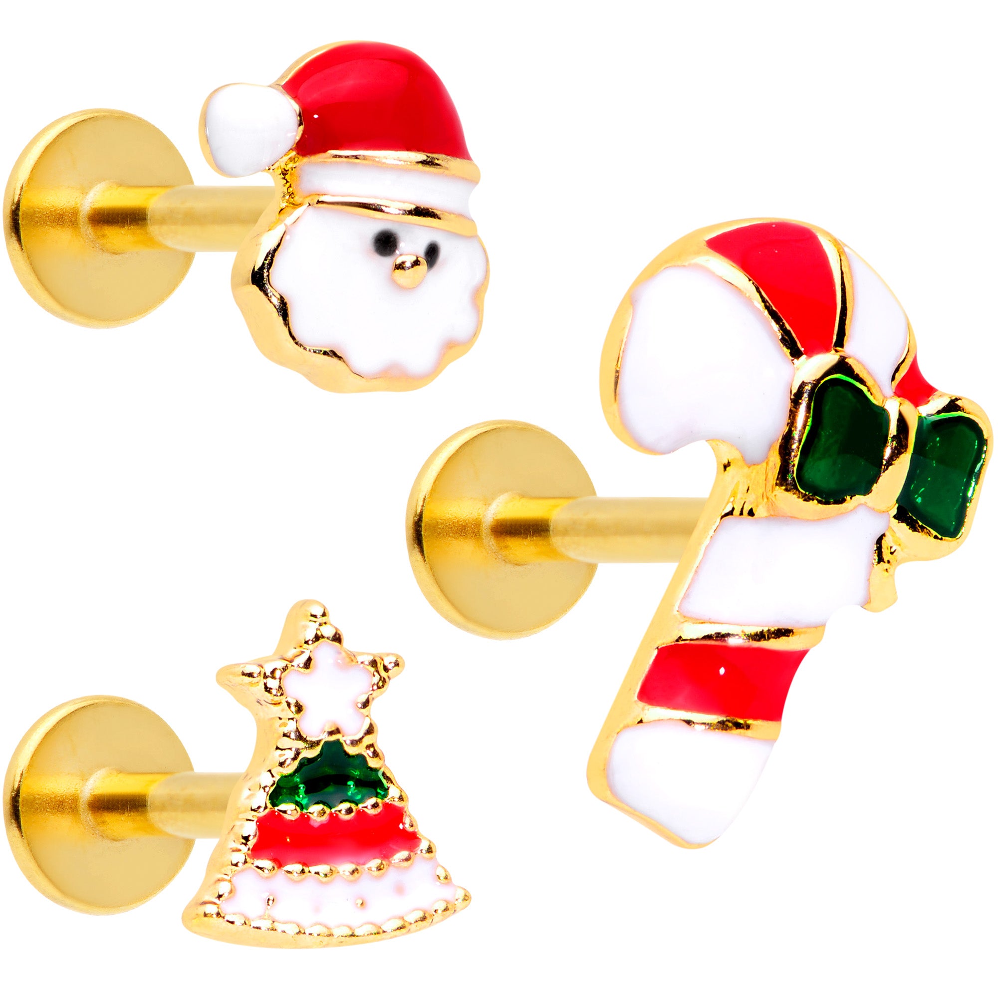 16 Gauge 5/16 Gold Tone Candy Cane Santa Tree Labret Tragus Set of 3