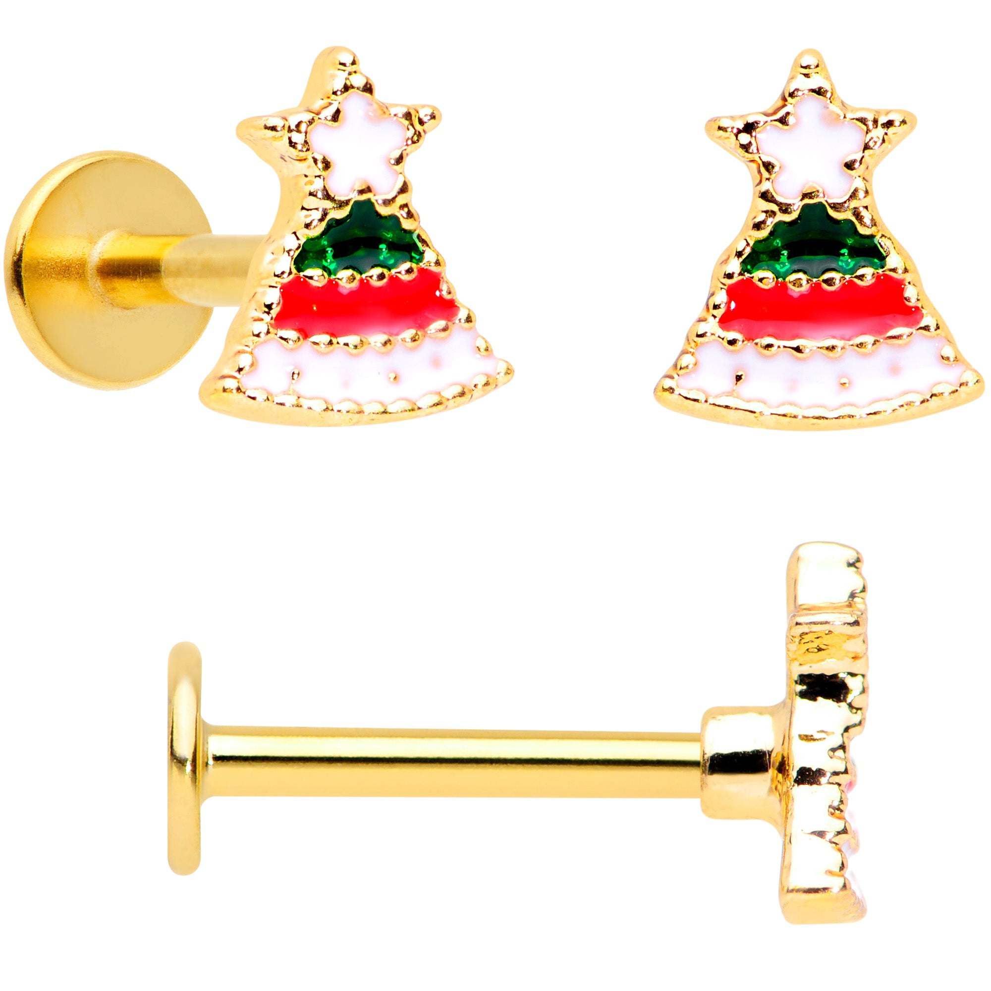 16 Gauge 5/16 Gold Tone Candy Cane Santa Tree Labret Tragus Set of 3