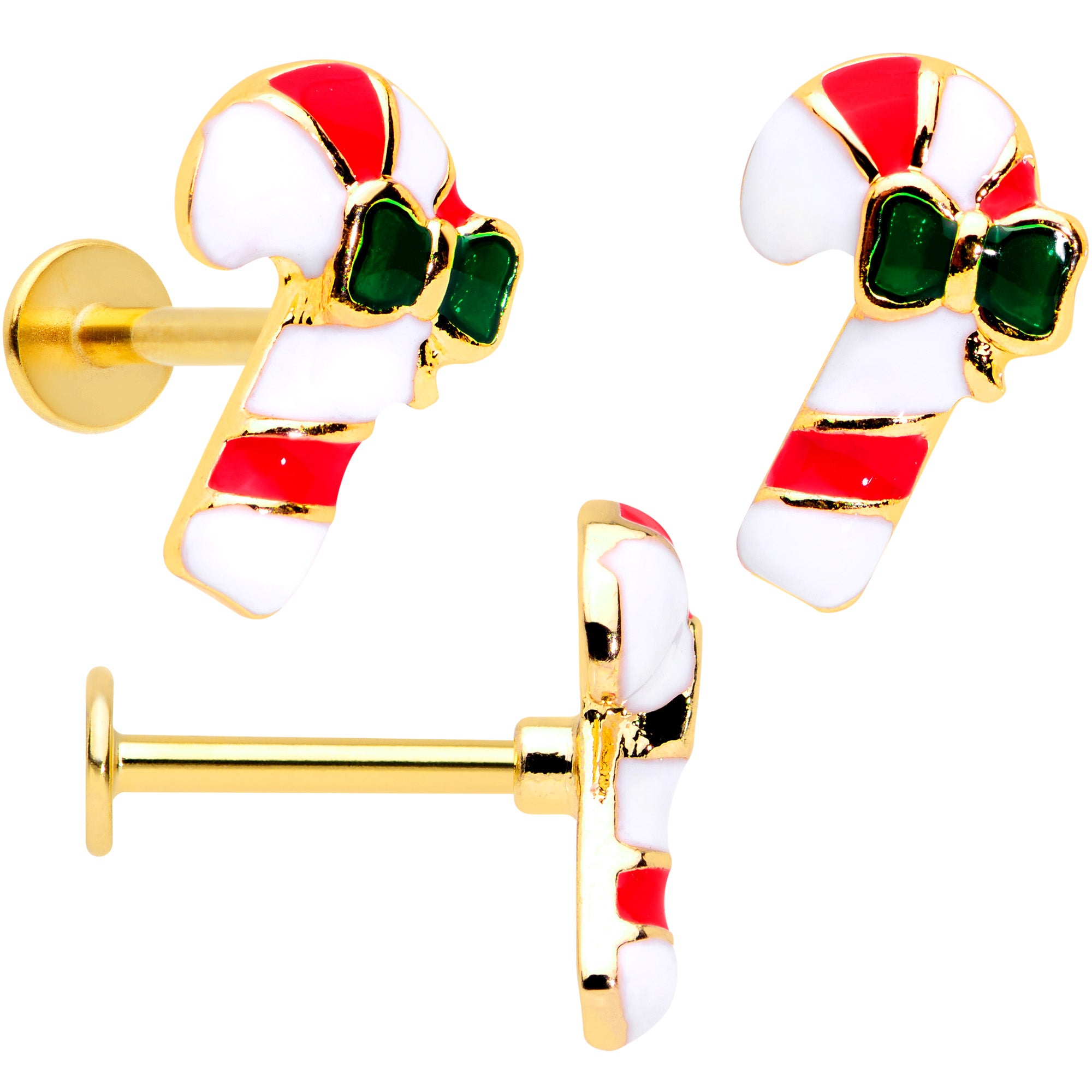 16 Gauge 5/16 Gold Tone Candy Cane Santa Tree Labret Tragus Set of 3