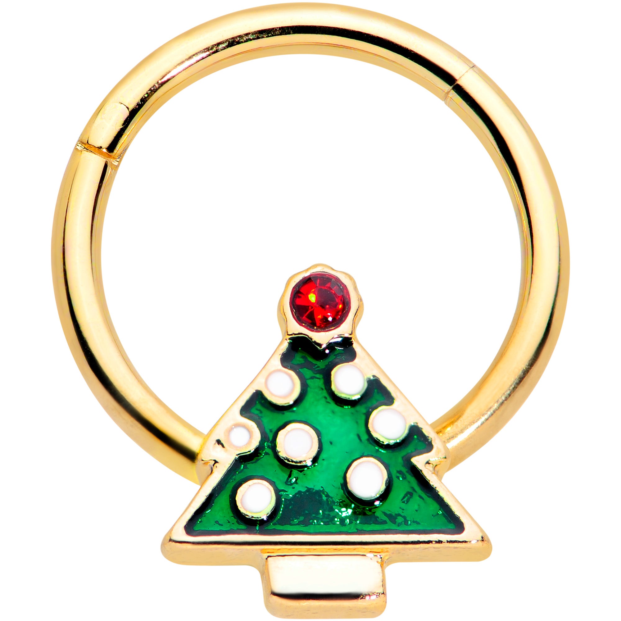 16 Gauge 3/8 Red Gem Gold Tone Christmas Tree Hinged Segment Ring