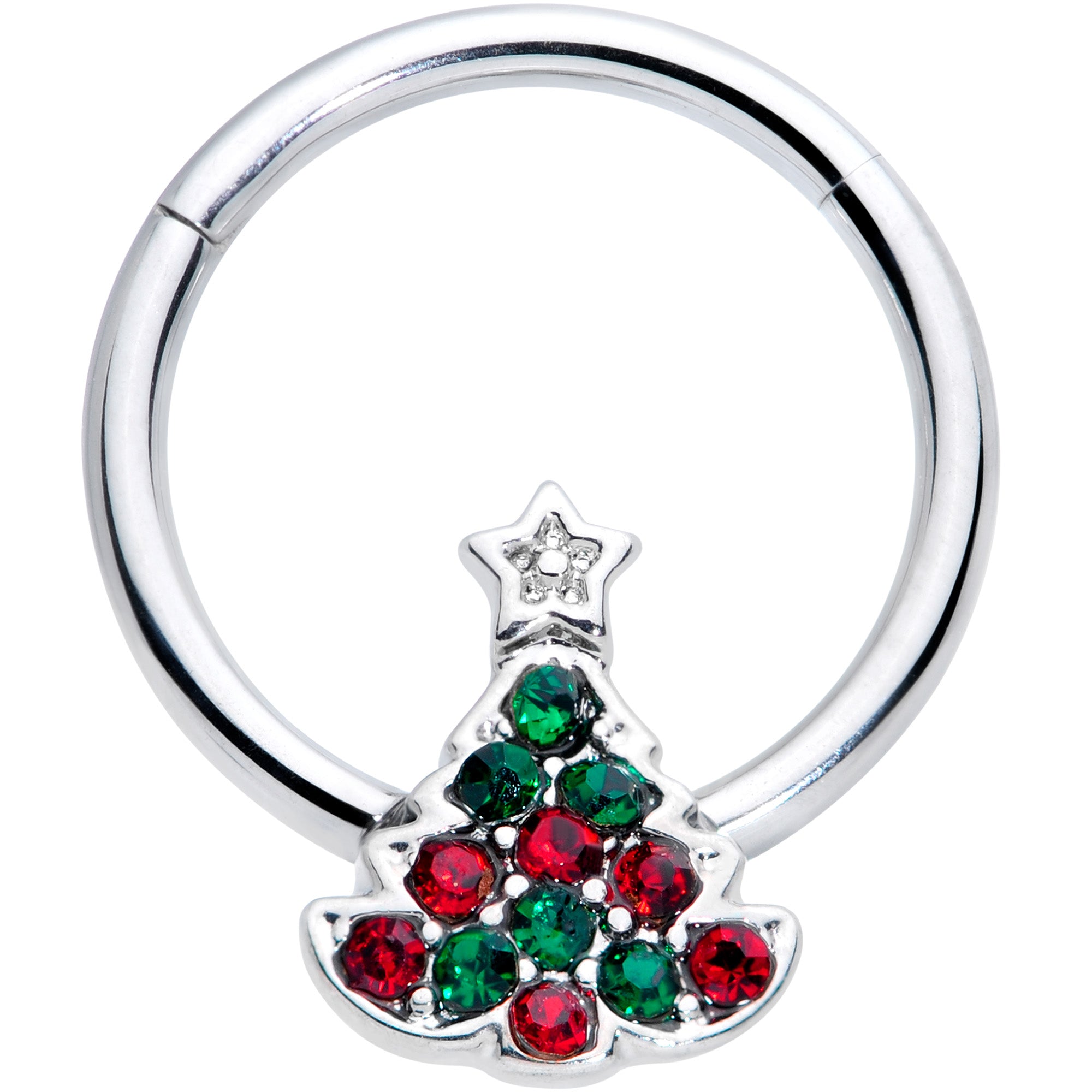 16 Gauge 3/8 Red Green Gem Starry Christmas Tree Hinged Segment Ring