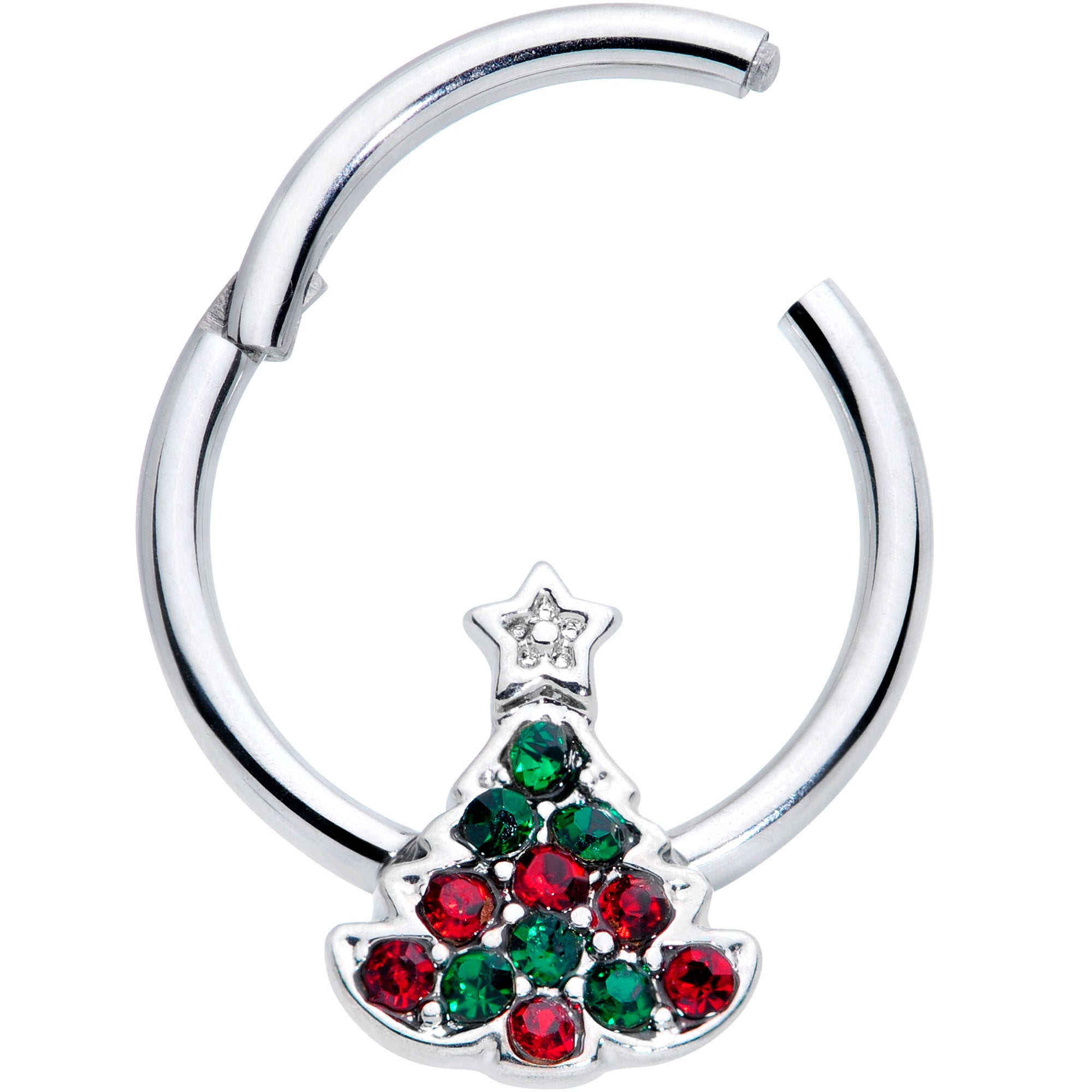 16 Gauge 3/8 Red Green Gem Starry Christmas Tree Hinged Segment Ring