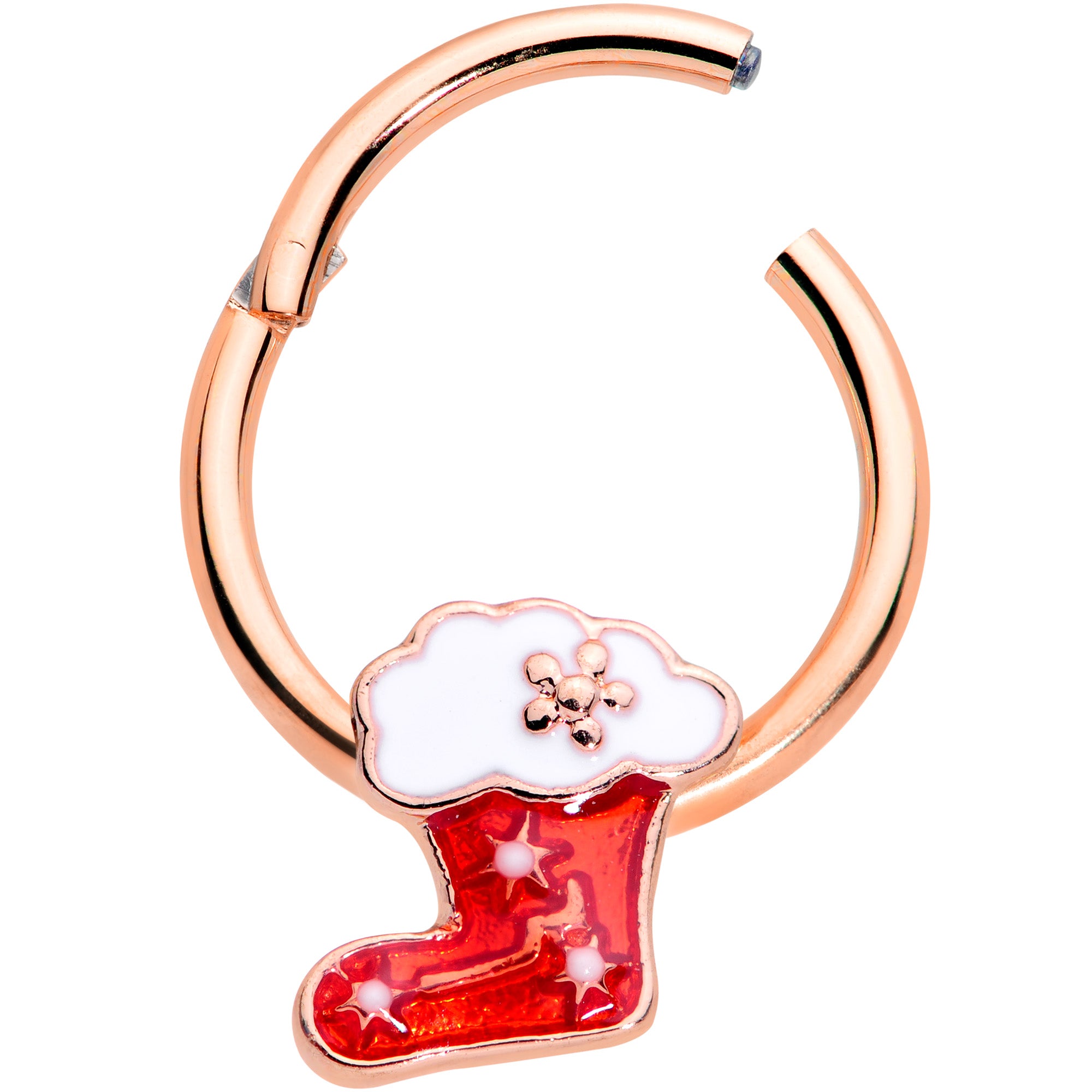 16 Gauge 3/8 Rose Gold Tone Red Christmas Stocking Hinged Segment Ring