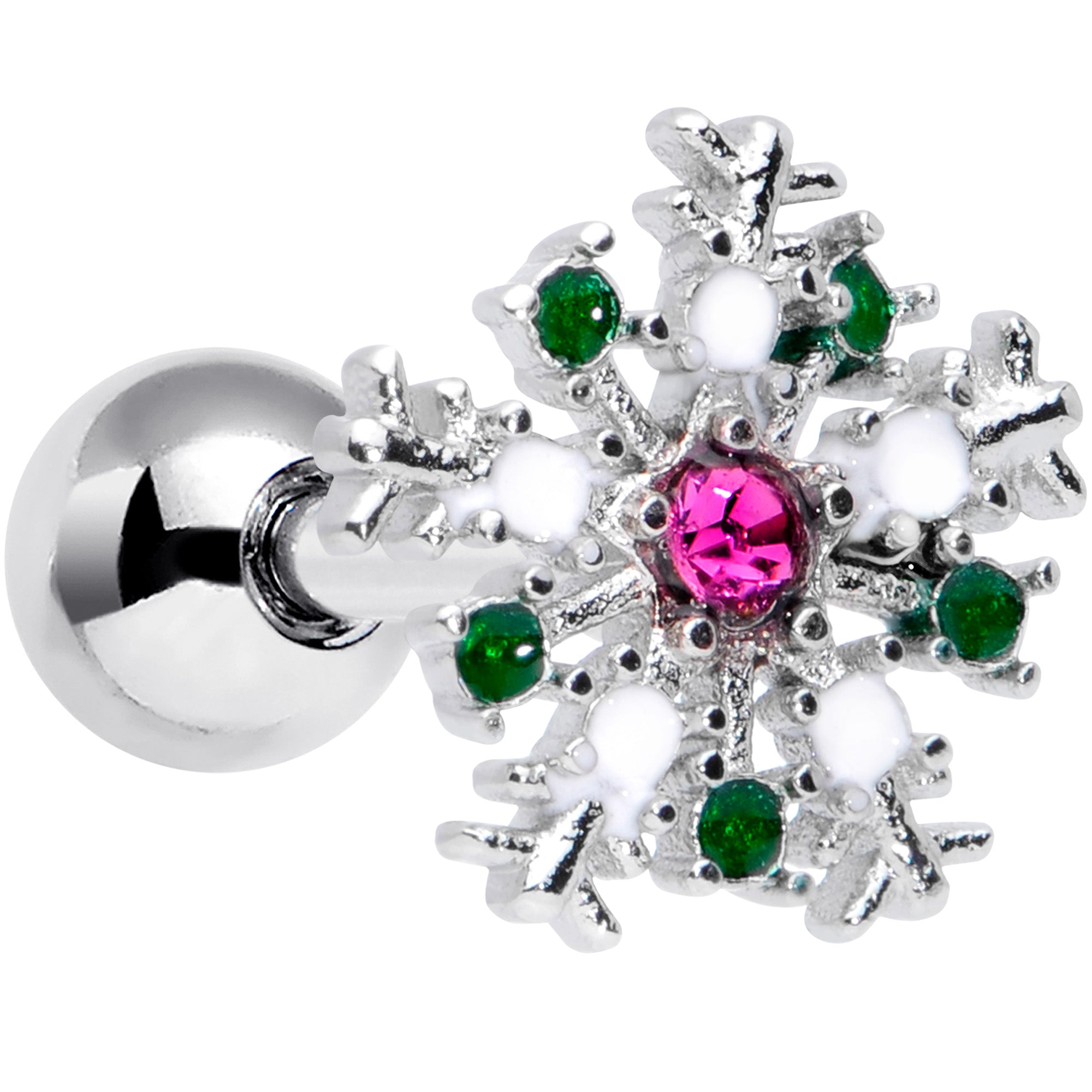 16 Gauge 1/4 Clear Pink Green Gem Snowflake Cartilage Tragus Earring