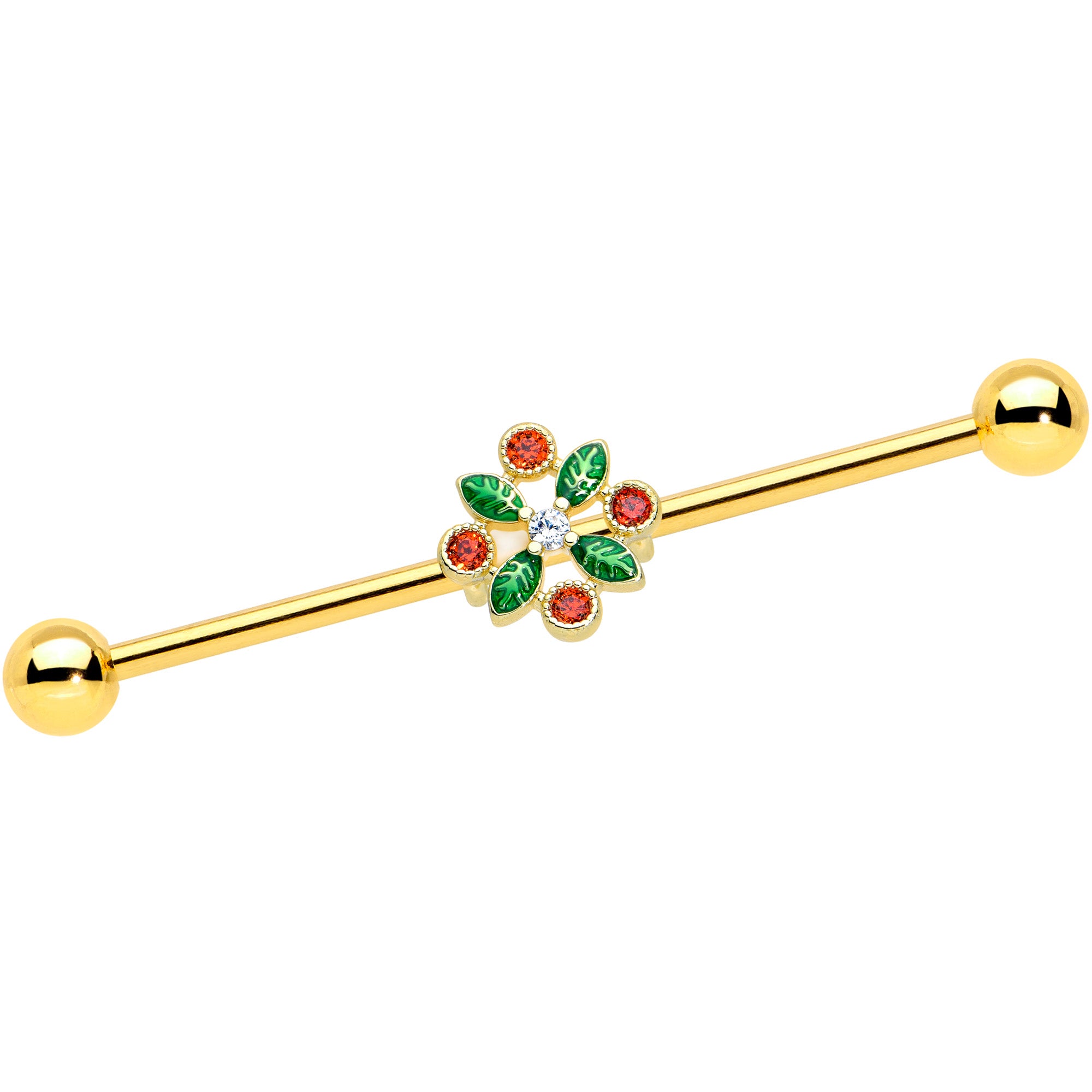 14 Gauge Red Gem Gold Tone Crest Christmas Industrial Barbell 38mm