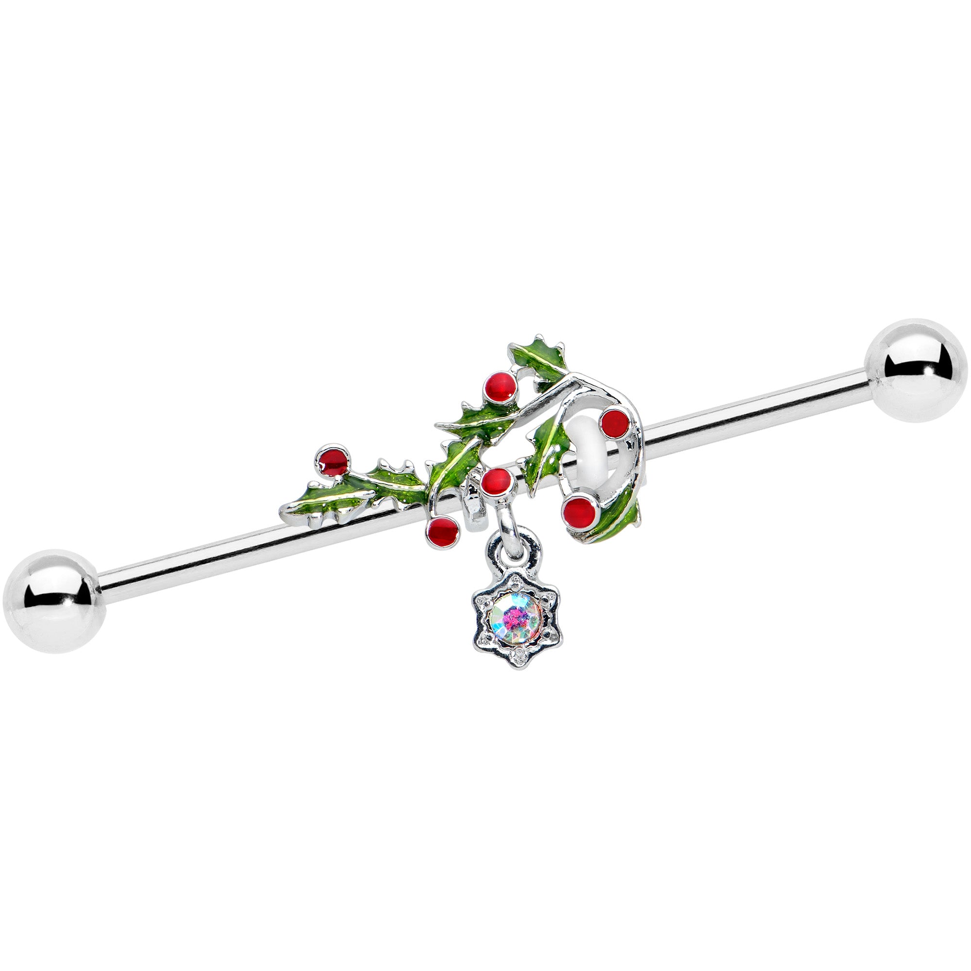 14 Gauge Aurora Gem Candy Cane Holly Christmas Industrial Barbell 38mm