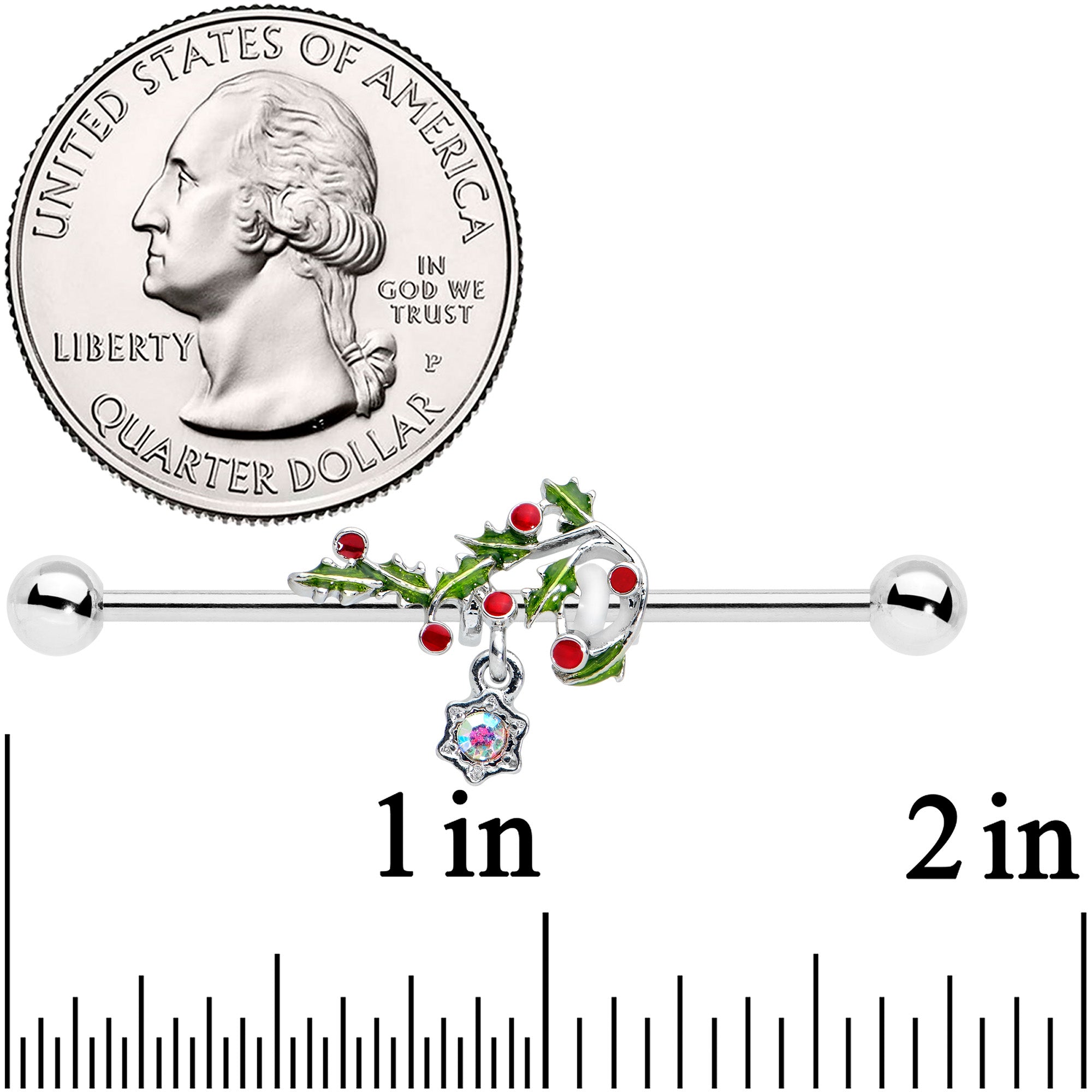 14 Gauge Aurora Gem Candy Cane Holly Christmas Industrial Barbell 38mm